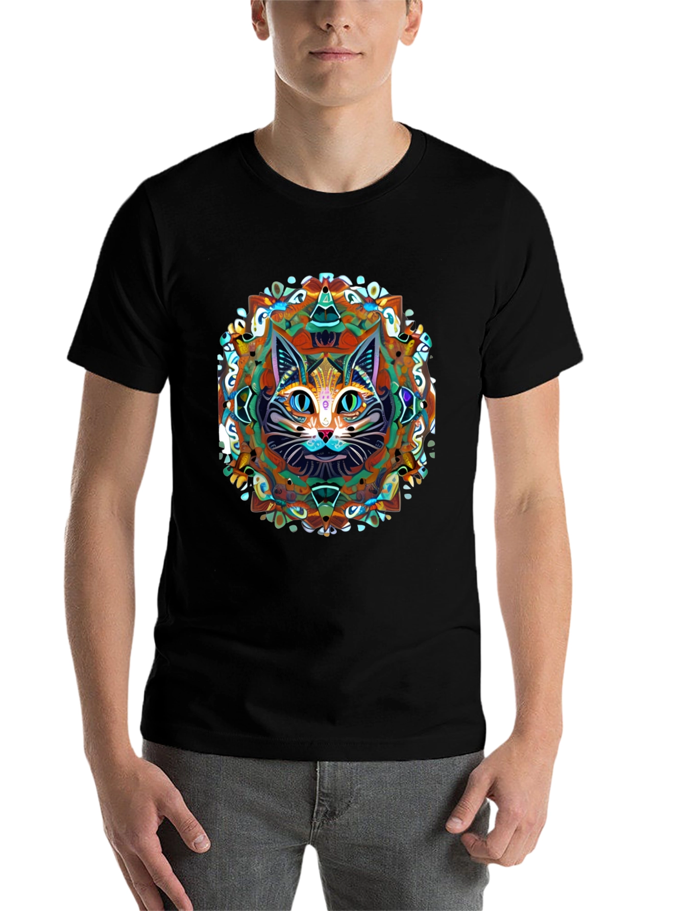 Black Psychedelic Cat Mandala T-Shirt view 7