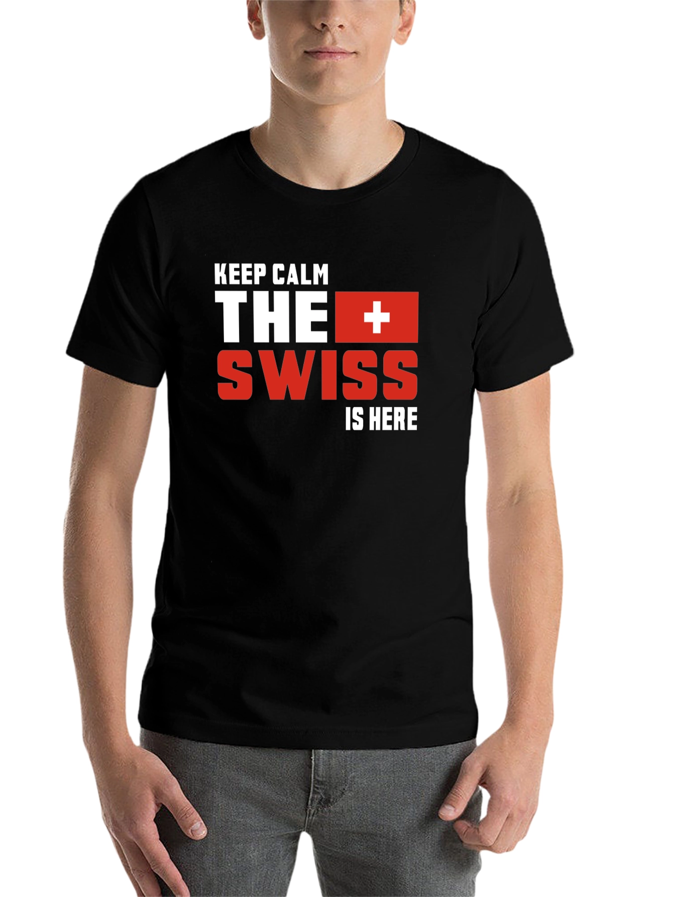 Black Keep Calm The Swiss Is Here Black T-Shirt view 7