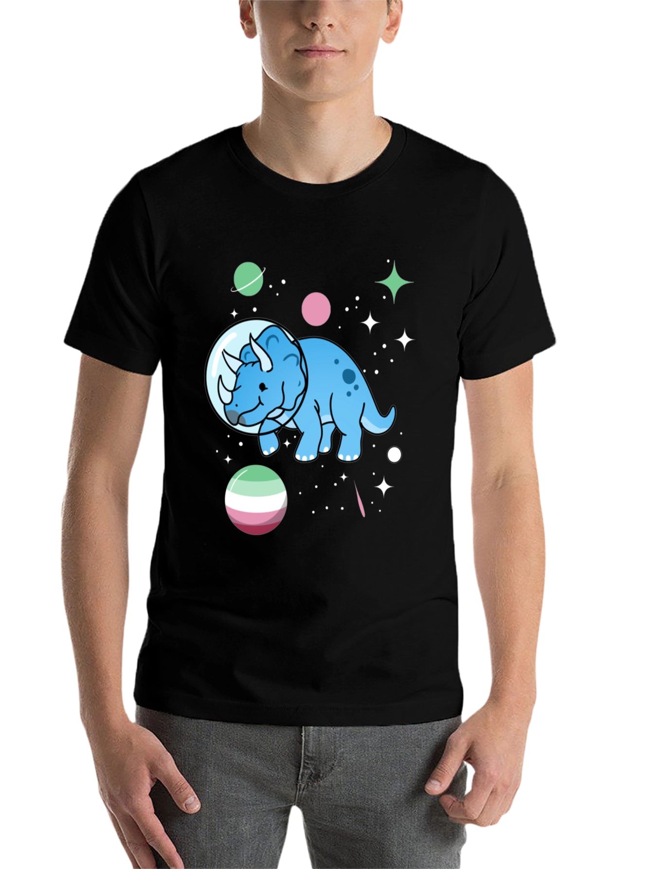 Black Dino in Space T-Shirt - Triceratops Astronaut view 7