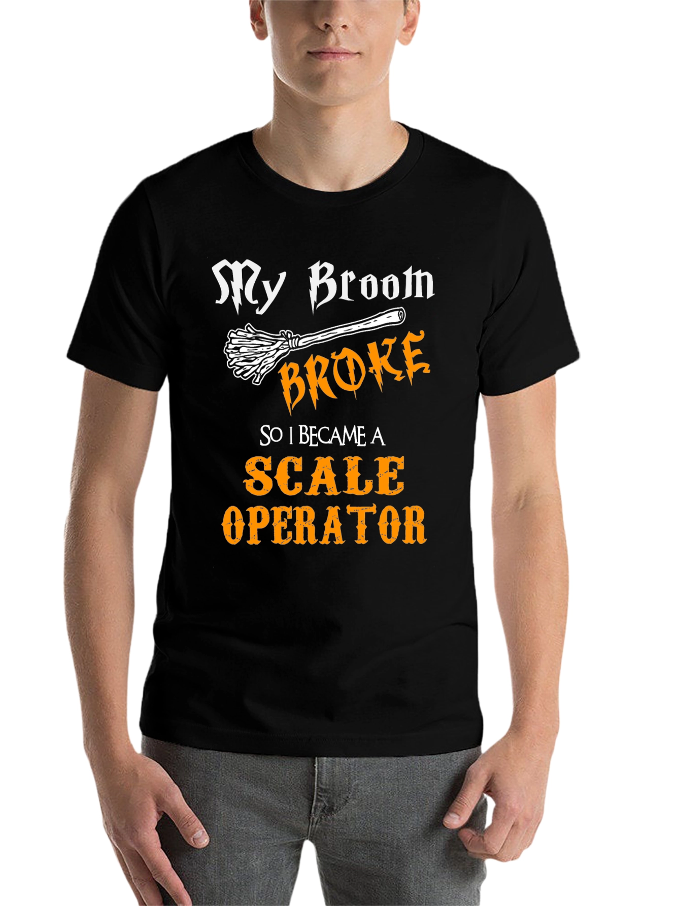 Black Funny Scale Operator T-Shirt My Broom Broke view 7