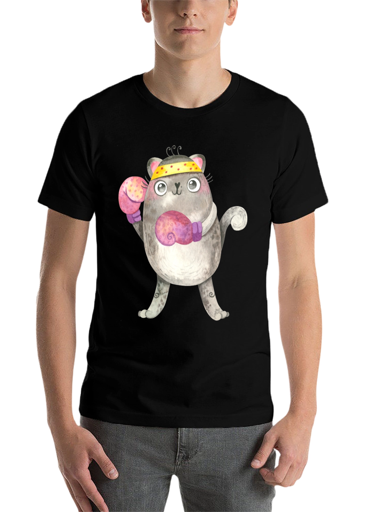 Black Funny Boxing Cat T-Shirt view 7