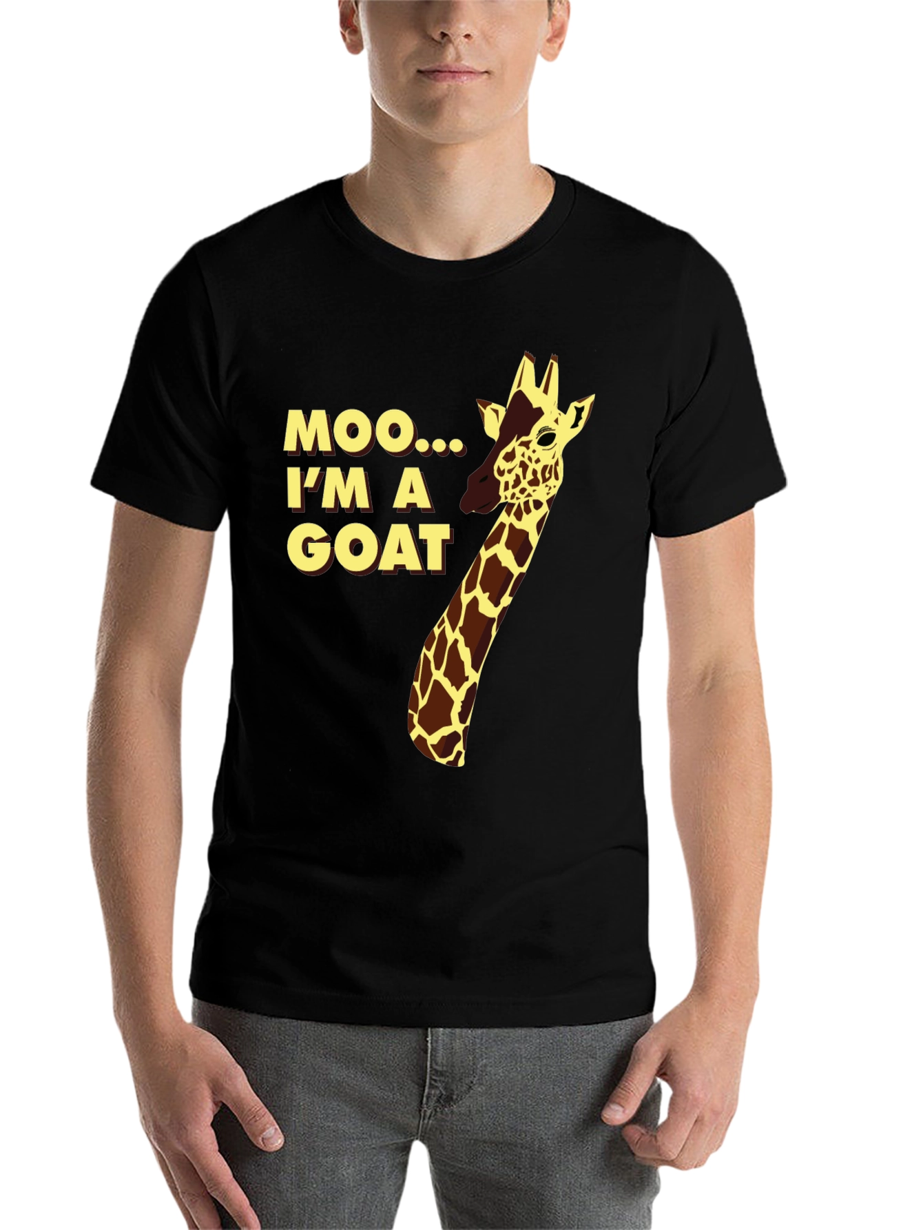 Black Funny Giraffe "Moo I'm a Goat" Black T-Shirt view 7