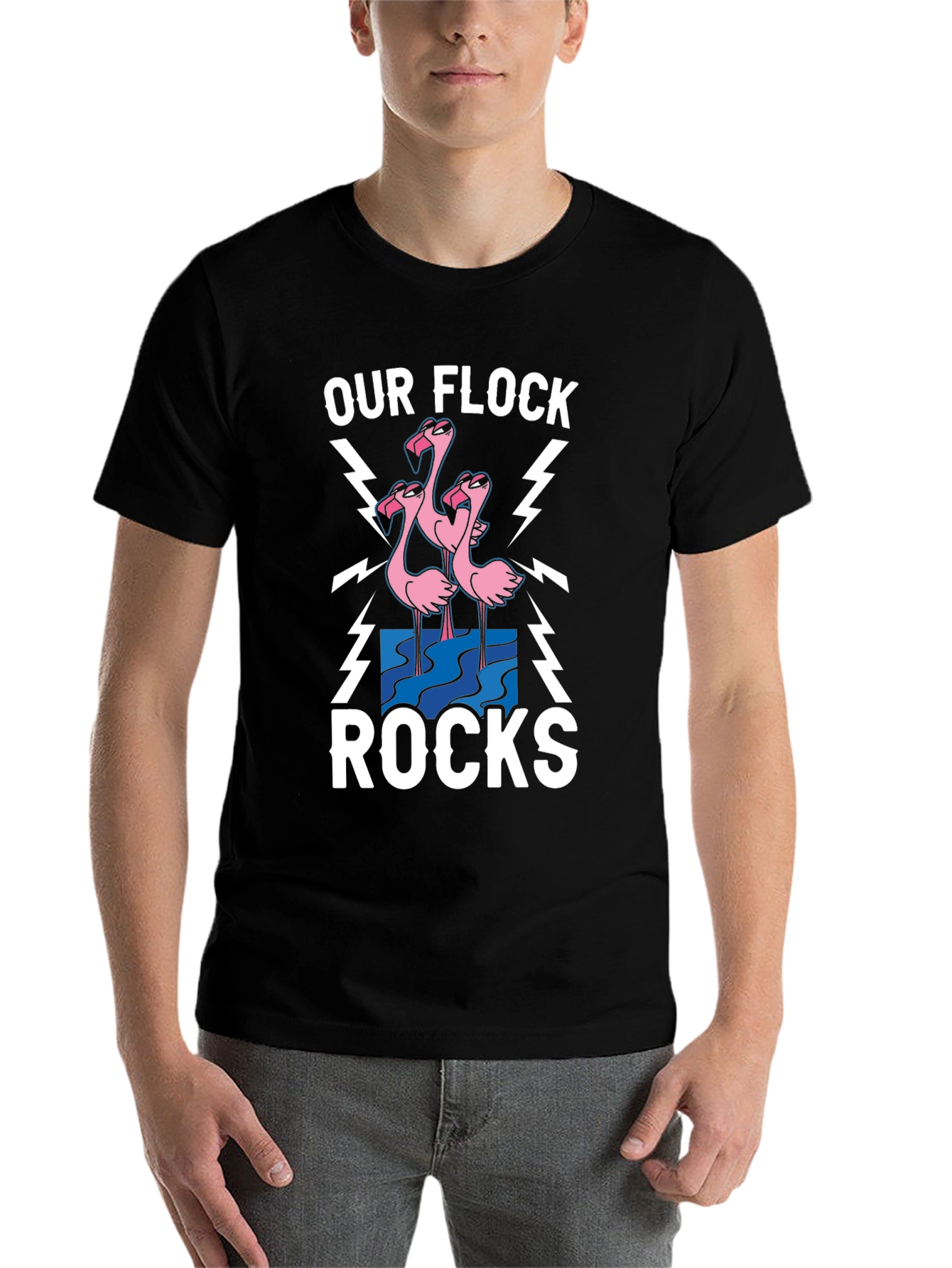 Black Our Flock Rocks T-Shirt - Pink Flamingo Design view 7