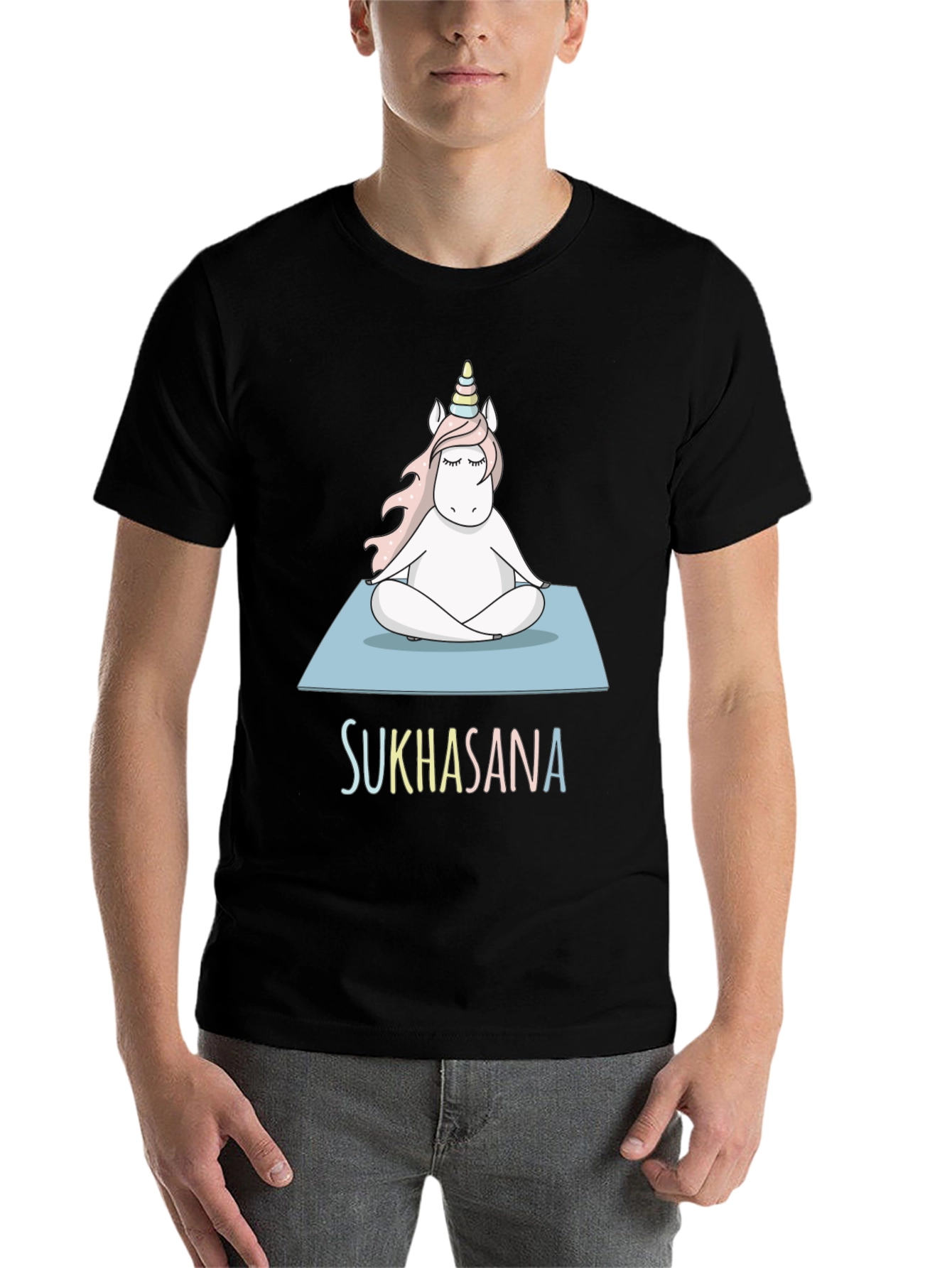 Black Unicorn Sukhasana Yoga T-Shirt - Black Cotton Blend view 7