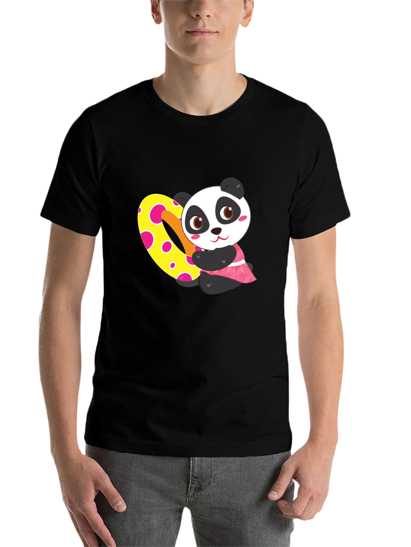 Black Cute Panda Heart Graphic Black T-Shirt view 7