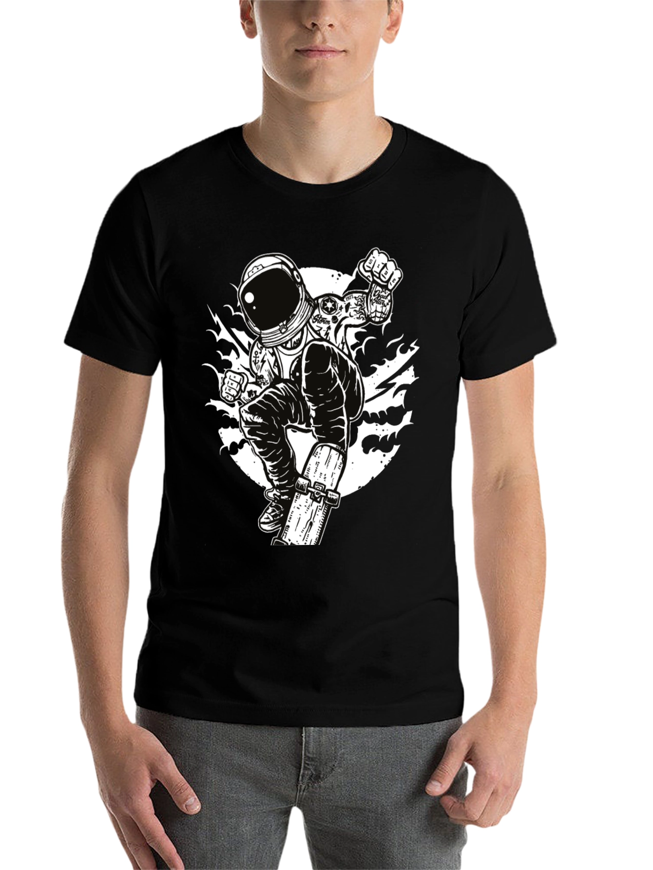 Black Astronaut Skateboarder Graphic Tee - Cool Black T-Shirt view 7