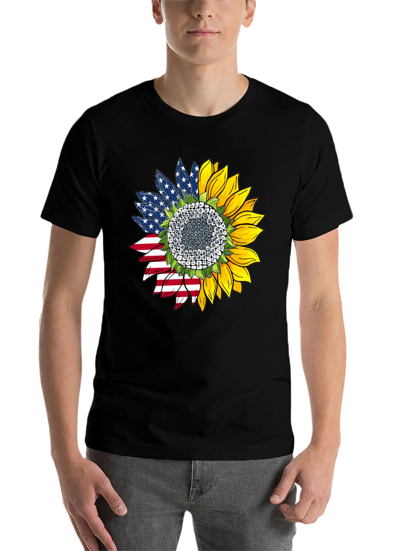 Black American Flag Sunflower Graphic Tee view 7