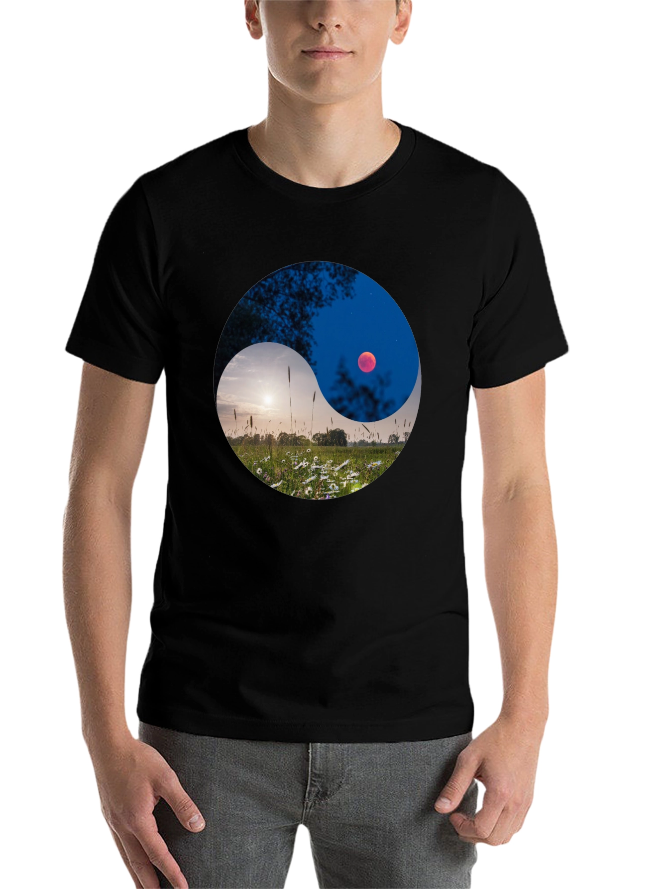 Black Yin Yang Landscape Graphic Tee view 7