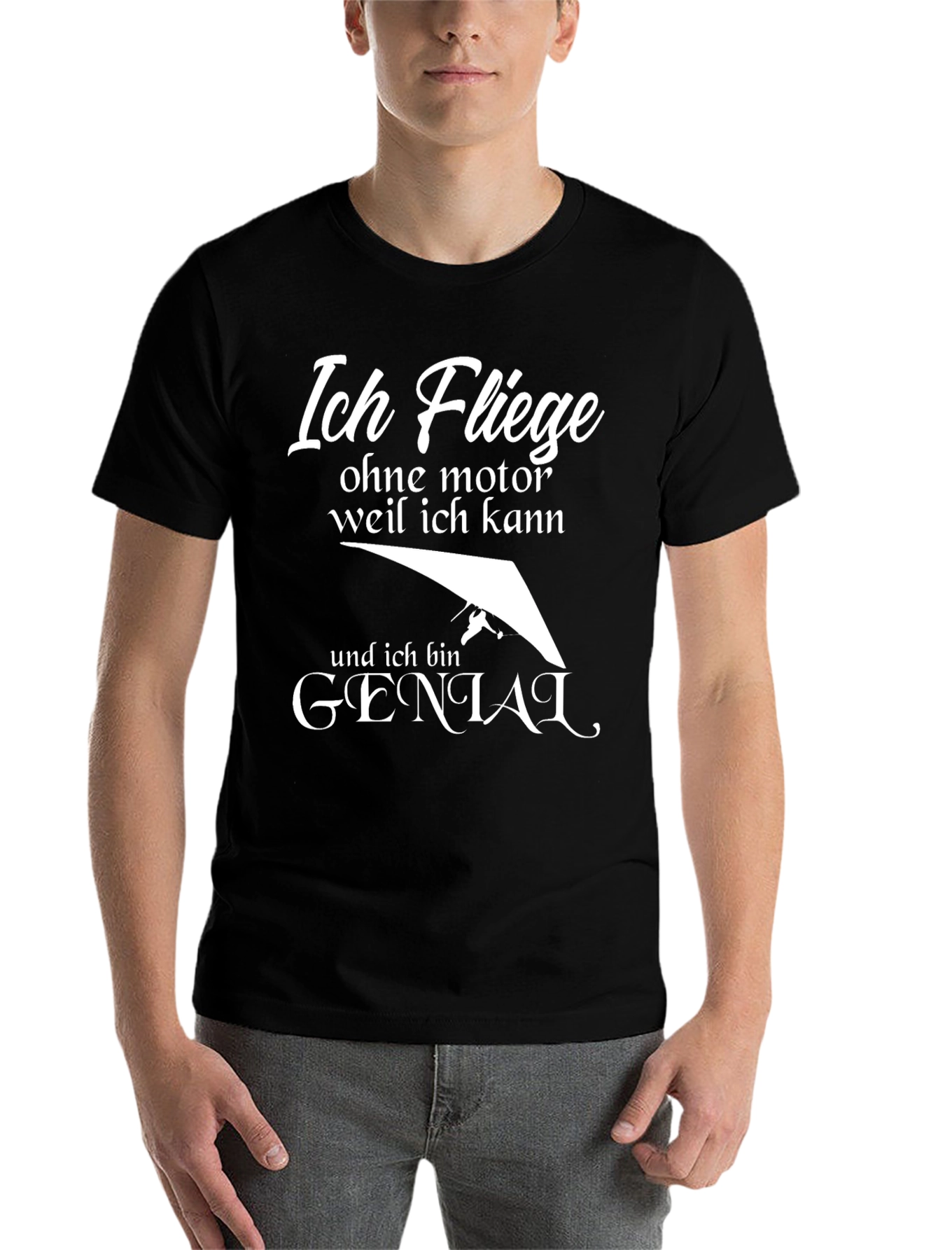 Black Ich Fliege T-Shirt - Hang Gliding German Humor view 7