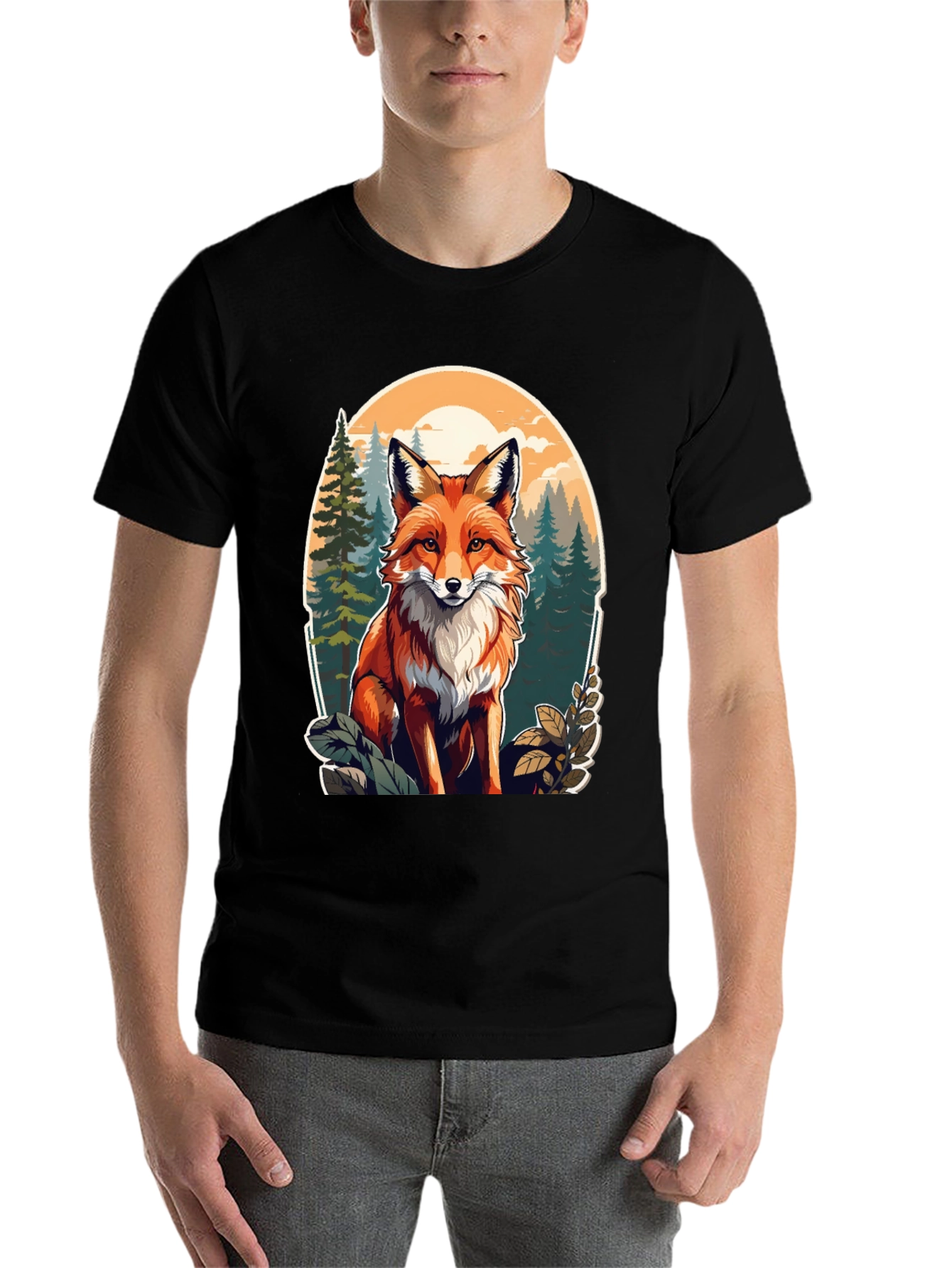 Black Fox Graphic Tee - Forest Scene Black T-Shirt view 7