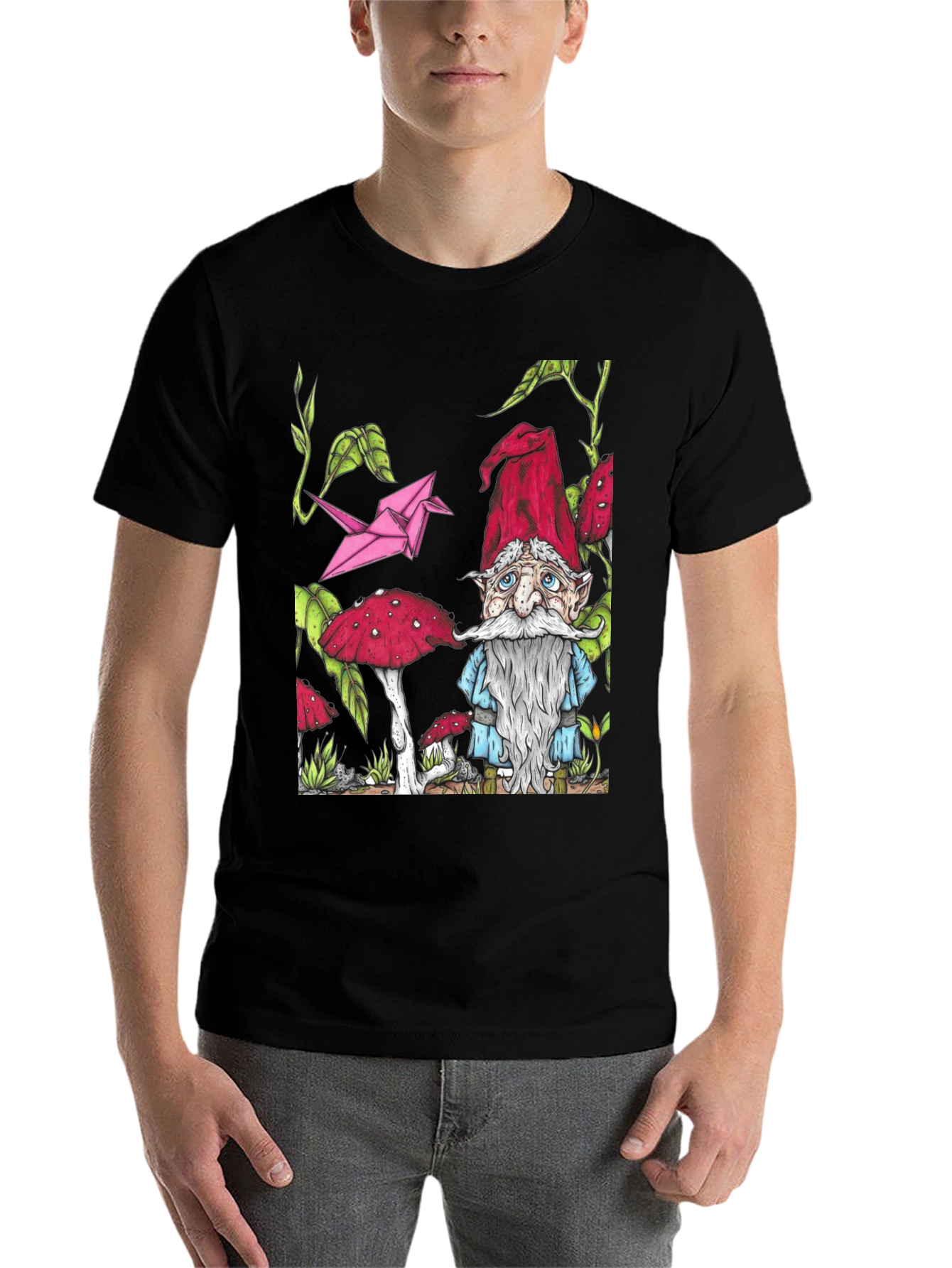 Black Gnome & Mushroom T-Shirt - Unique Graphic Tee view 7