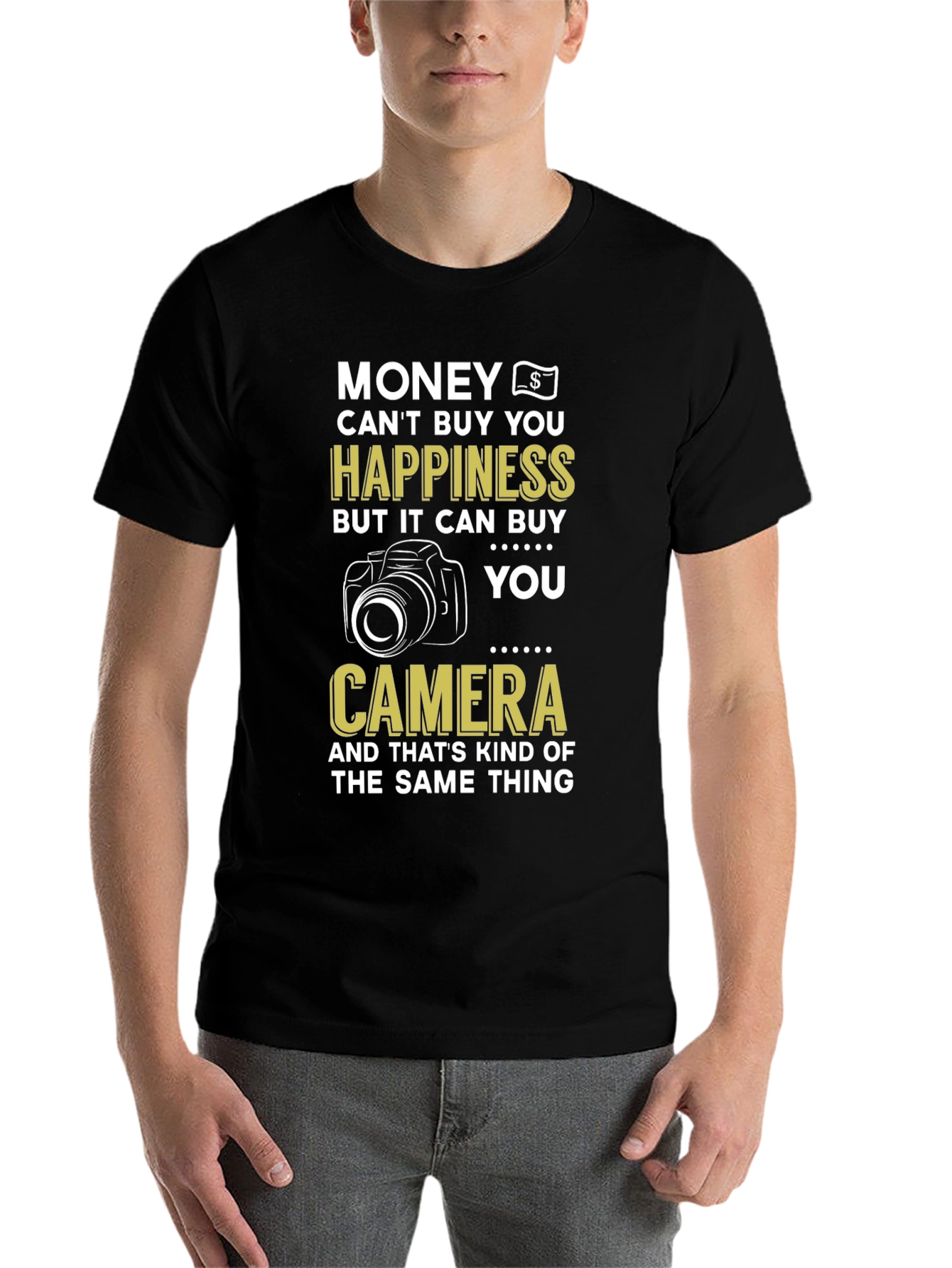 Black Funny Photography T-Shirt, Money Can't Buy Happiness Camera Tee view 7