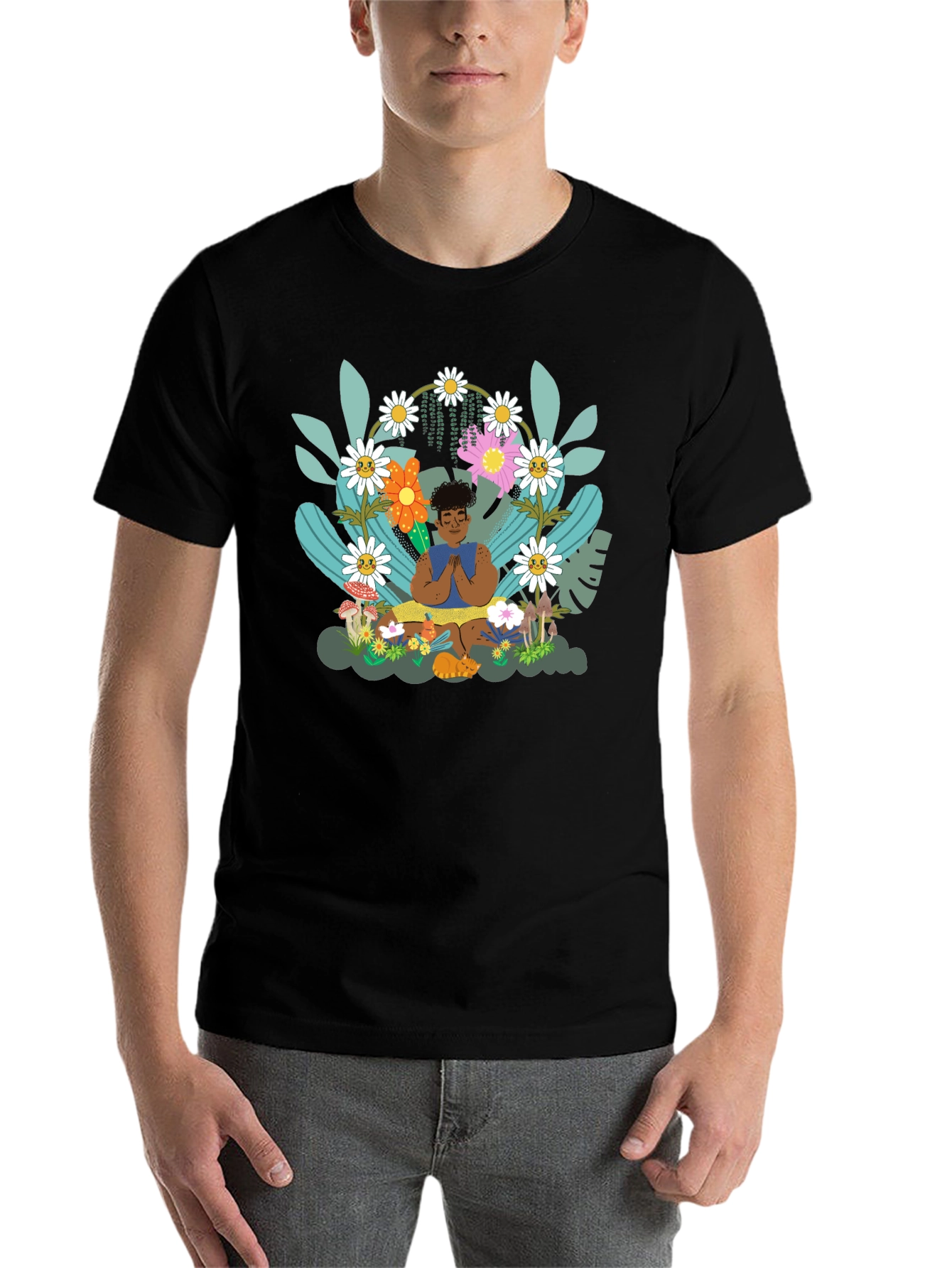 Black Zen Garden T-Shirt - Meditating Figure with Floral Design view 7