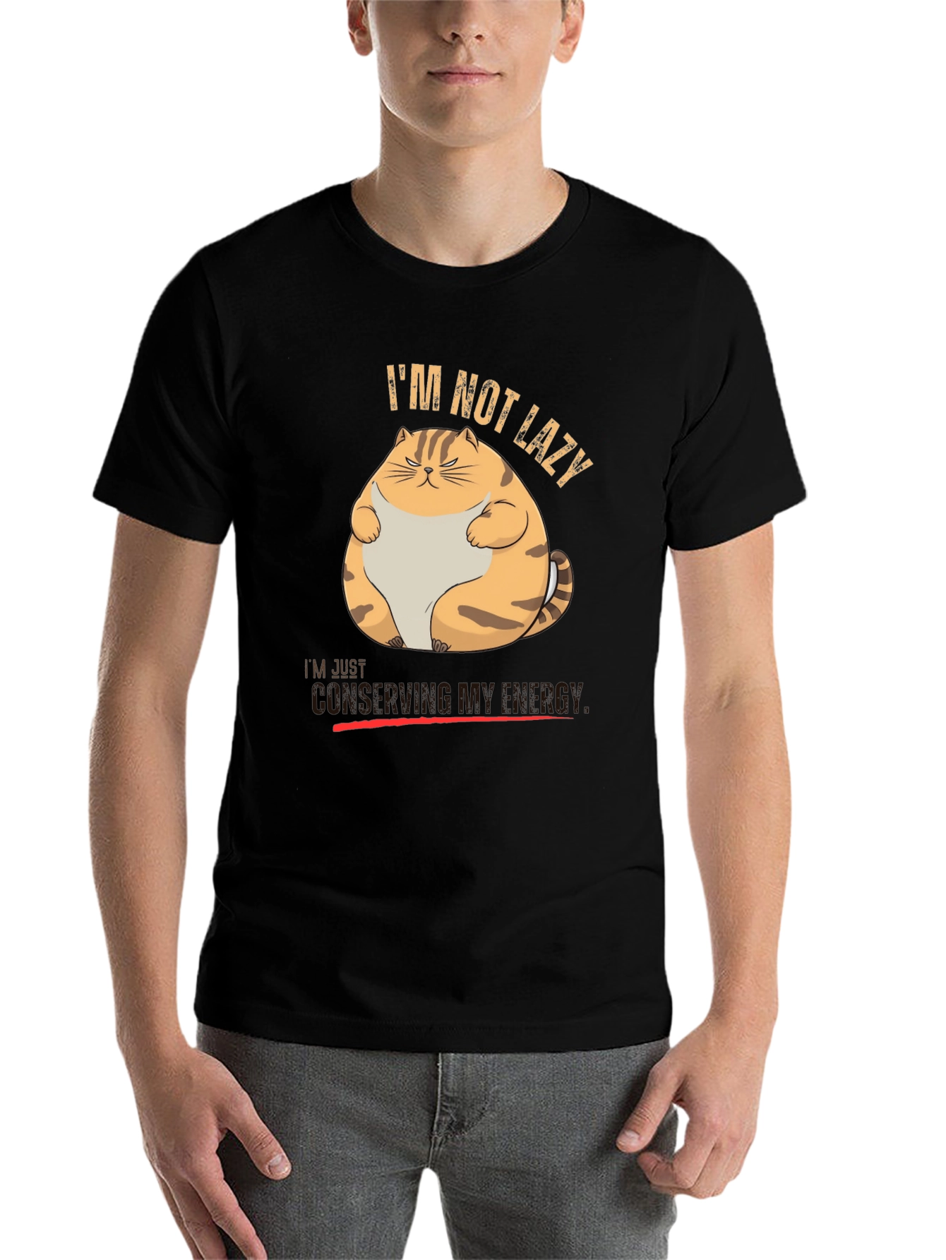 Black I'm Not Lazy Funny Cat T-Shirt view 7