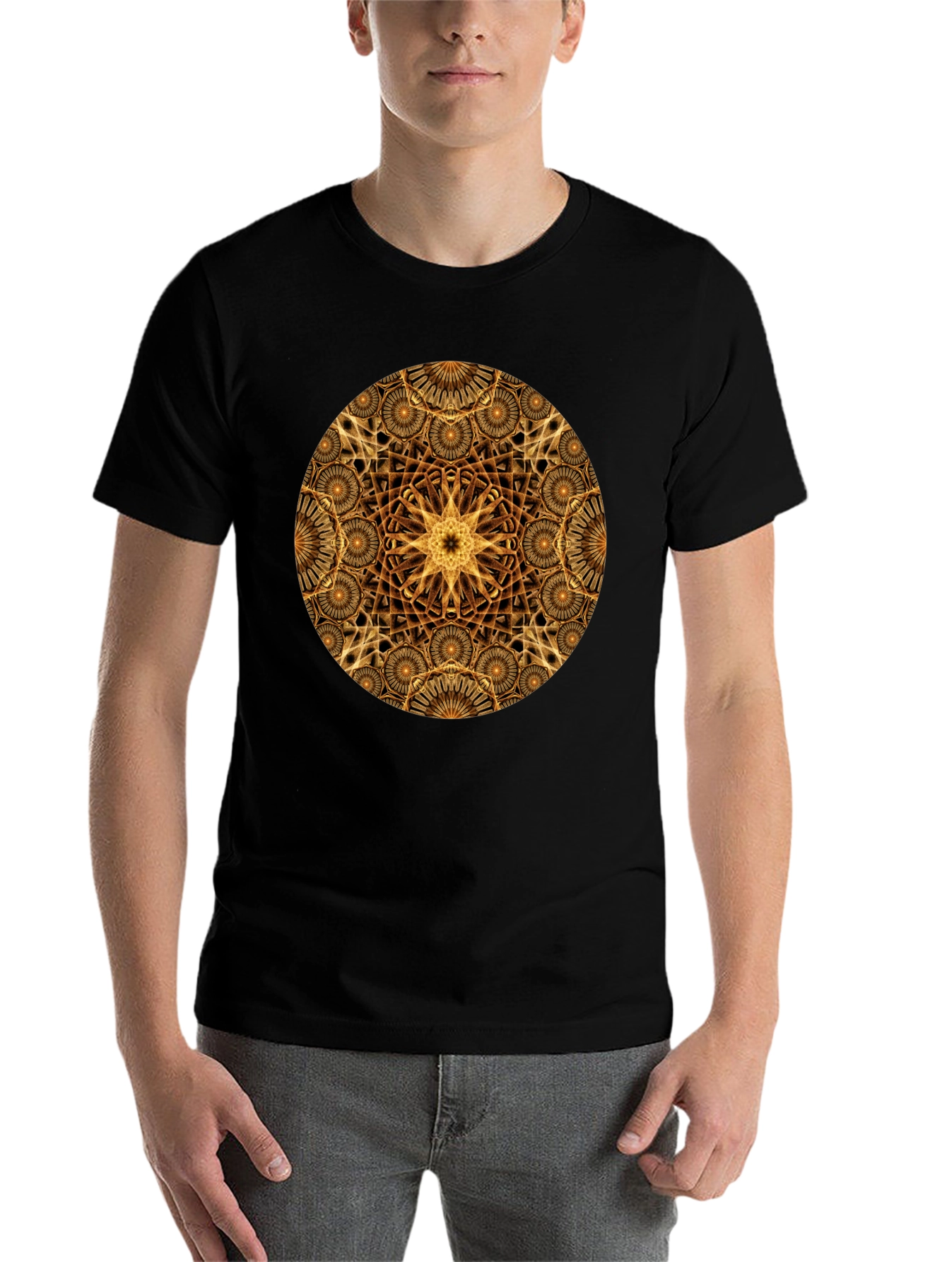 Black Geometric Gold Mandala Graphic T-Shirt view 7