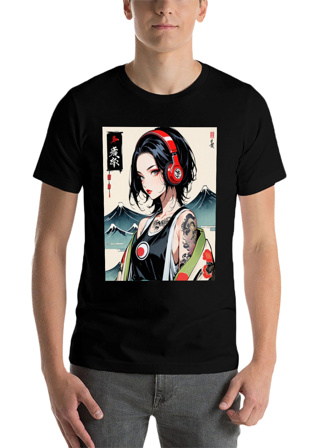 Black Anime Girl Headphones Graphic Black T-Shirt view 7