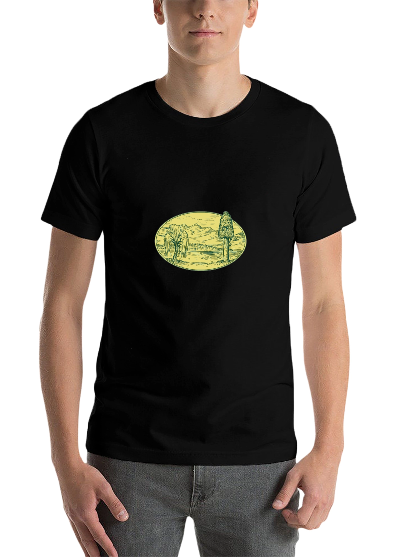 Black Black T-Shirt with Landscape Oval Print view 7