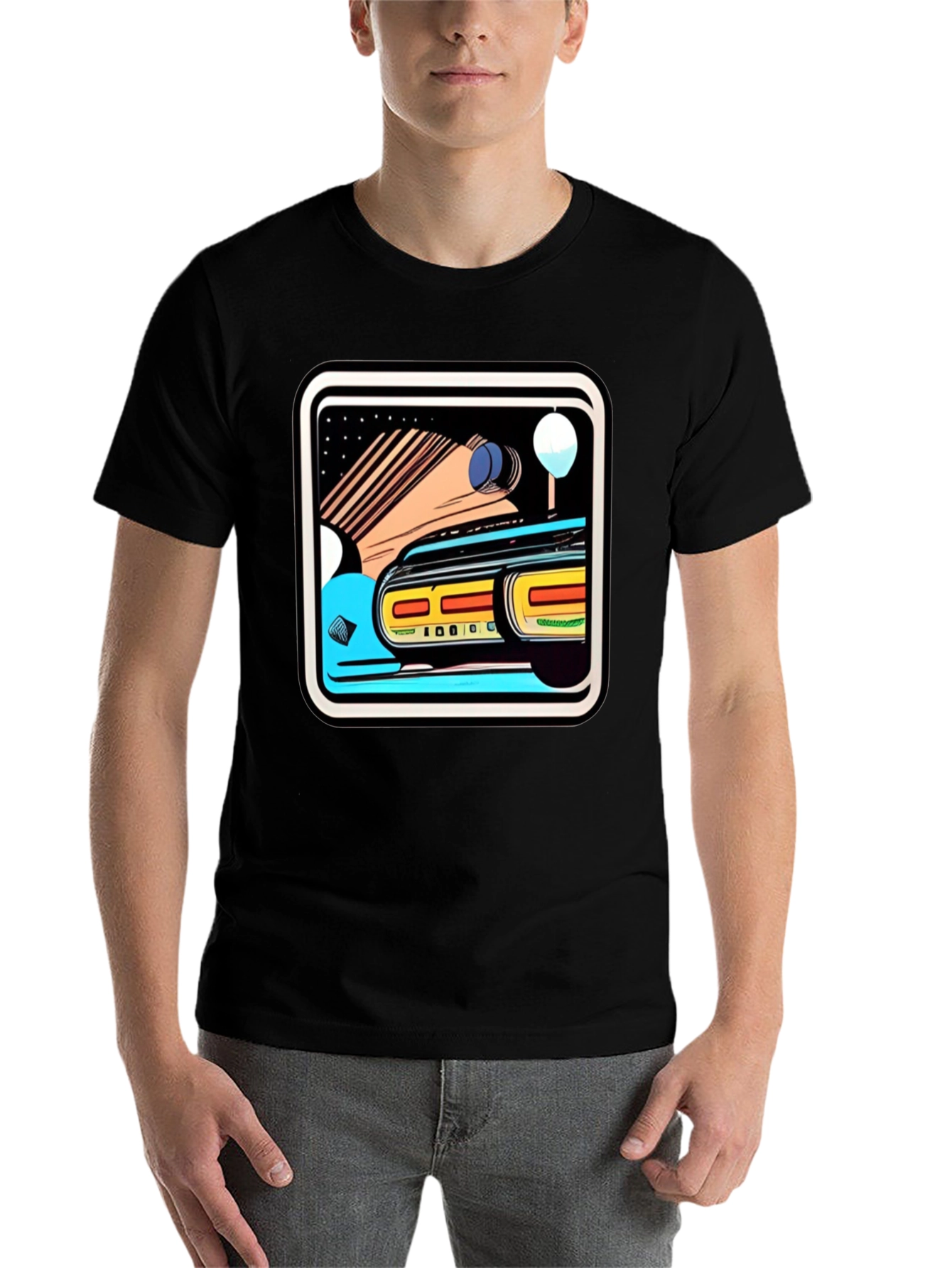 Black Retro Style Car Graphic Tee - Black Cotton Blend view 7