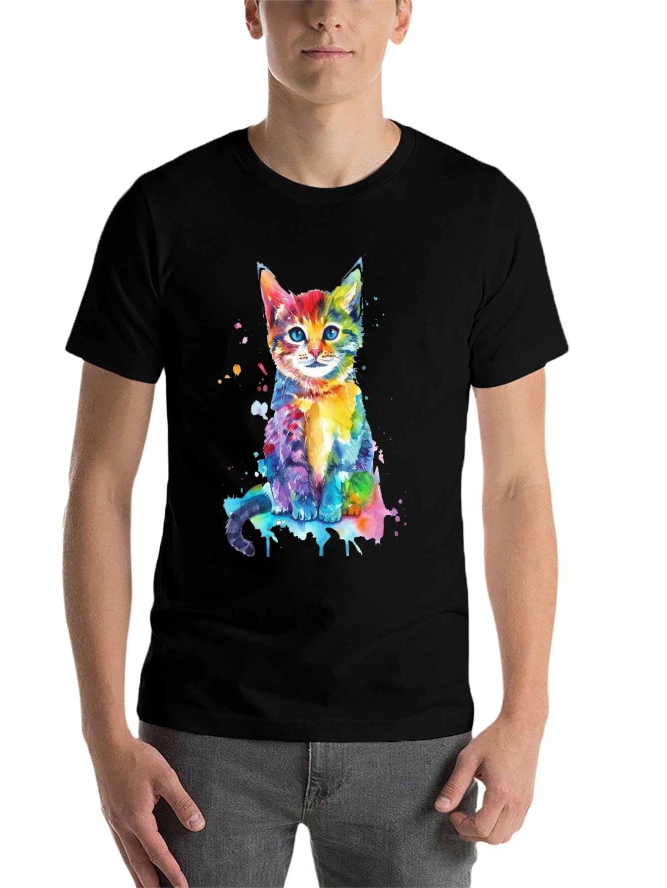 Black Watercolor Cat Graphic Tee - Vibrant Colorful Kitten Shirt view 7