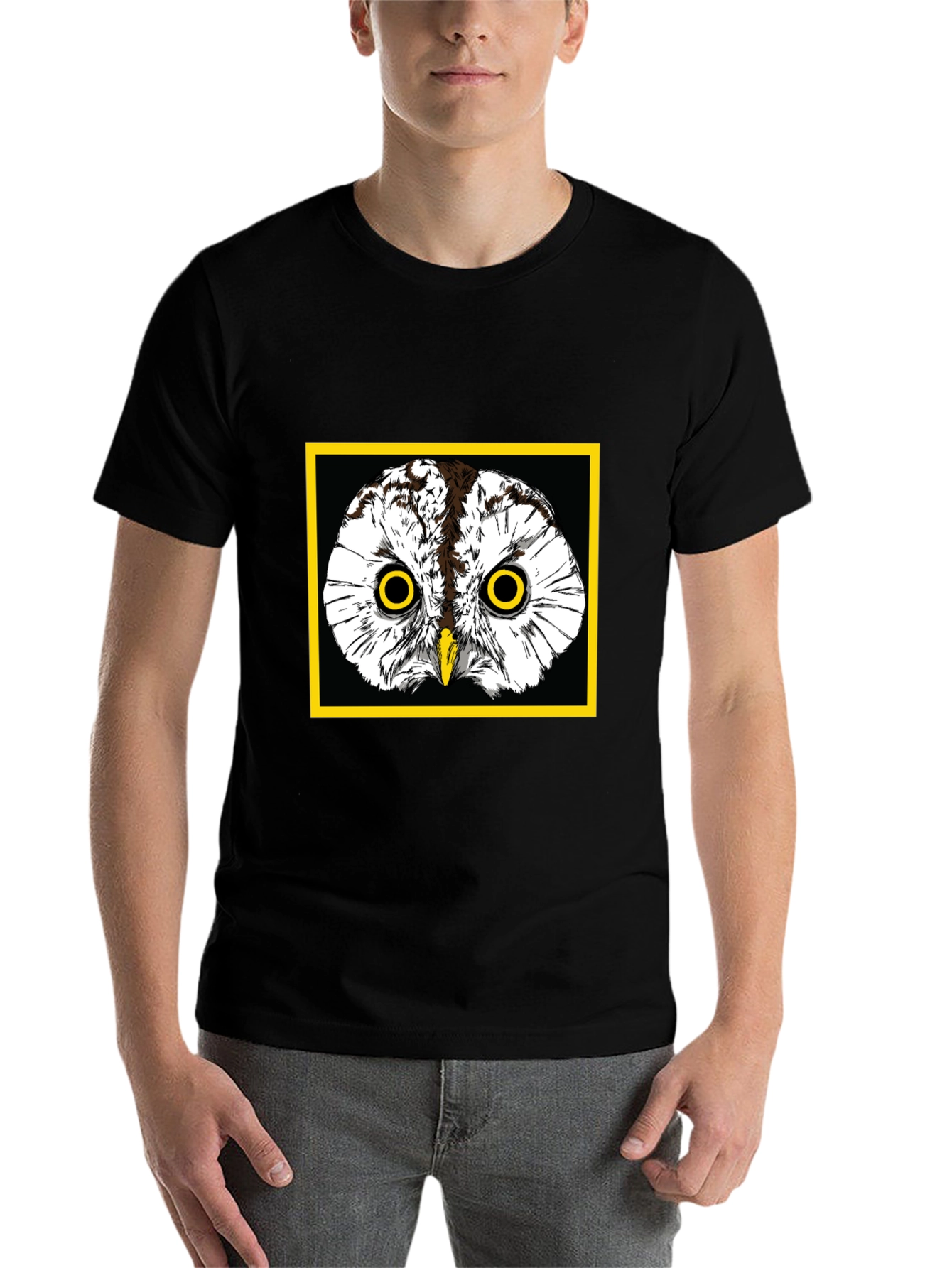 Black Owl Graphic Tee - Black Cotton T-Shirt with Yellow Border view 7