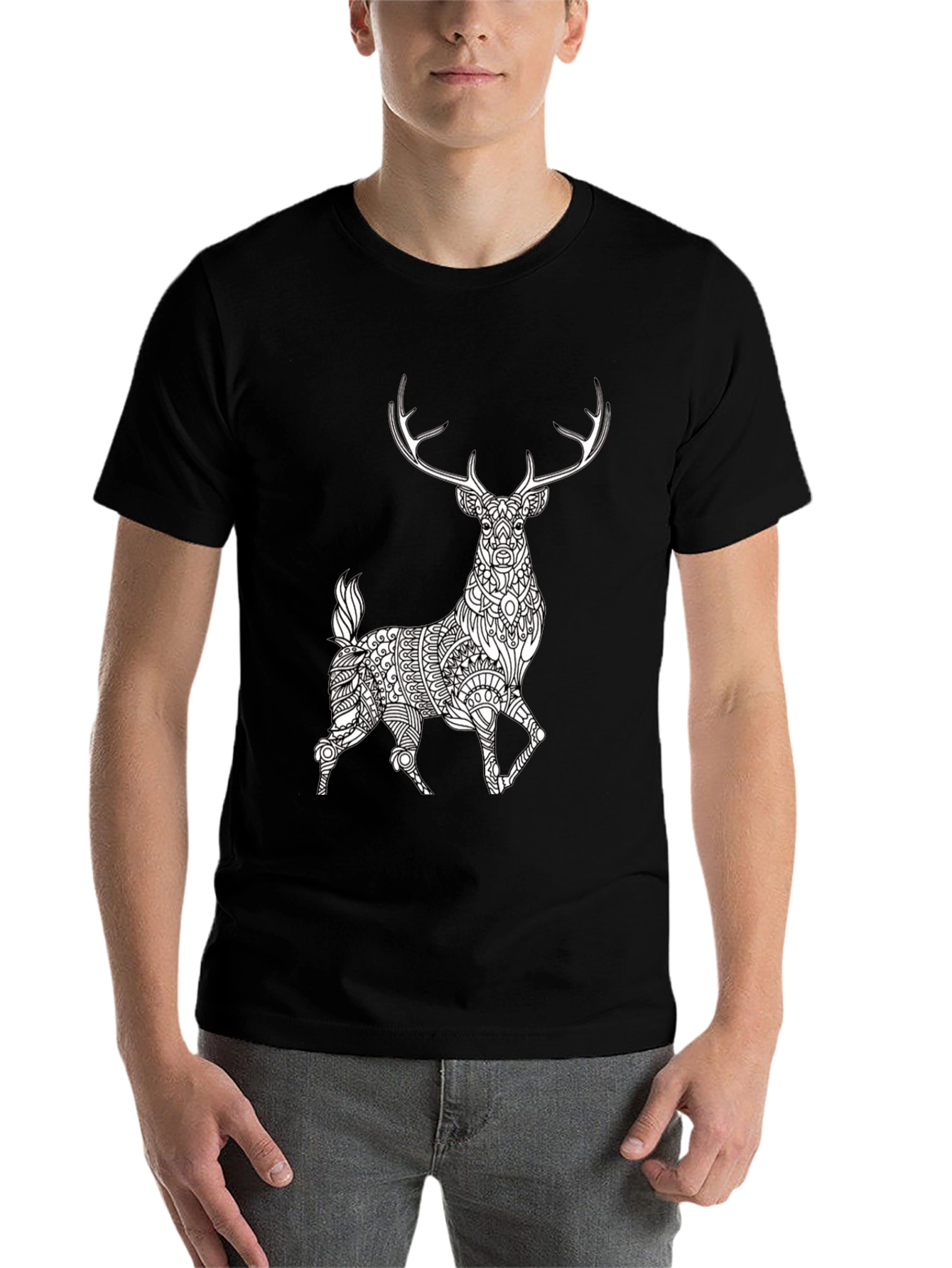 Black Geometric Deer Graphic Tee - Black Cotton Blend view 7