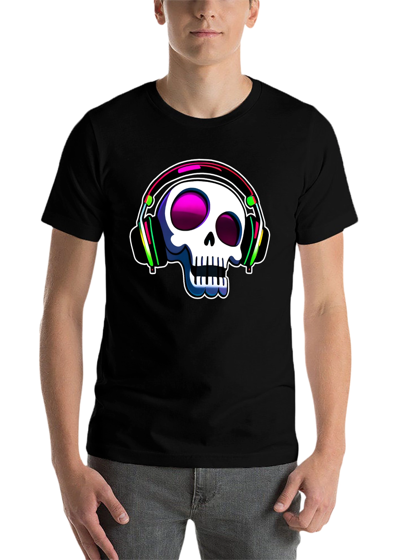 Black Skull with Headphones Graphic Tee view 7