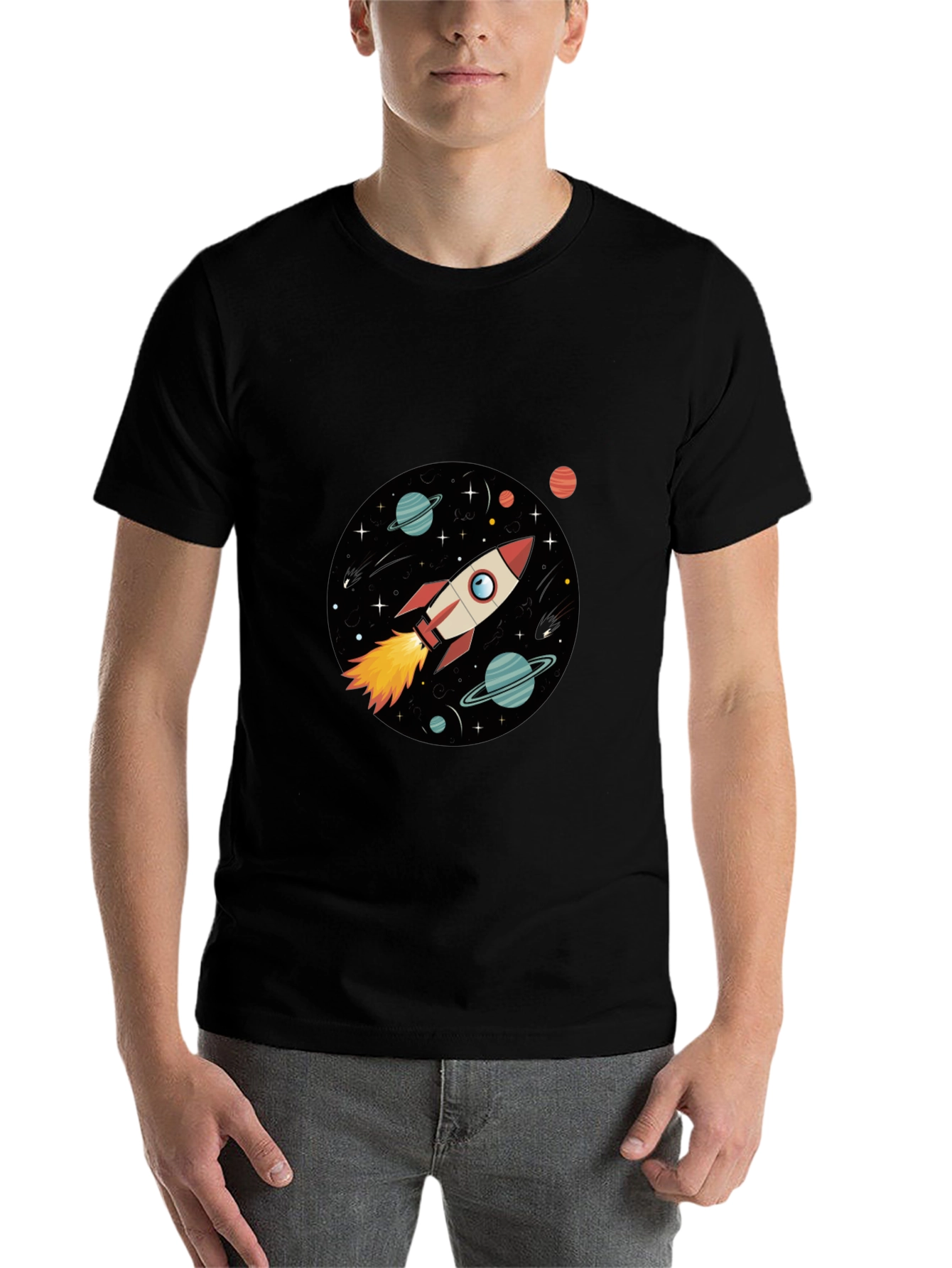 Black Space Rocket Graphic Black Tee view 7