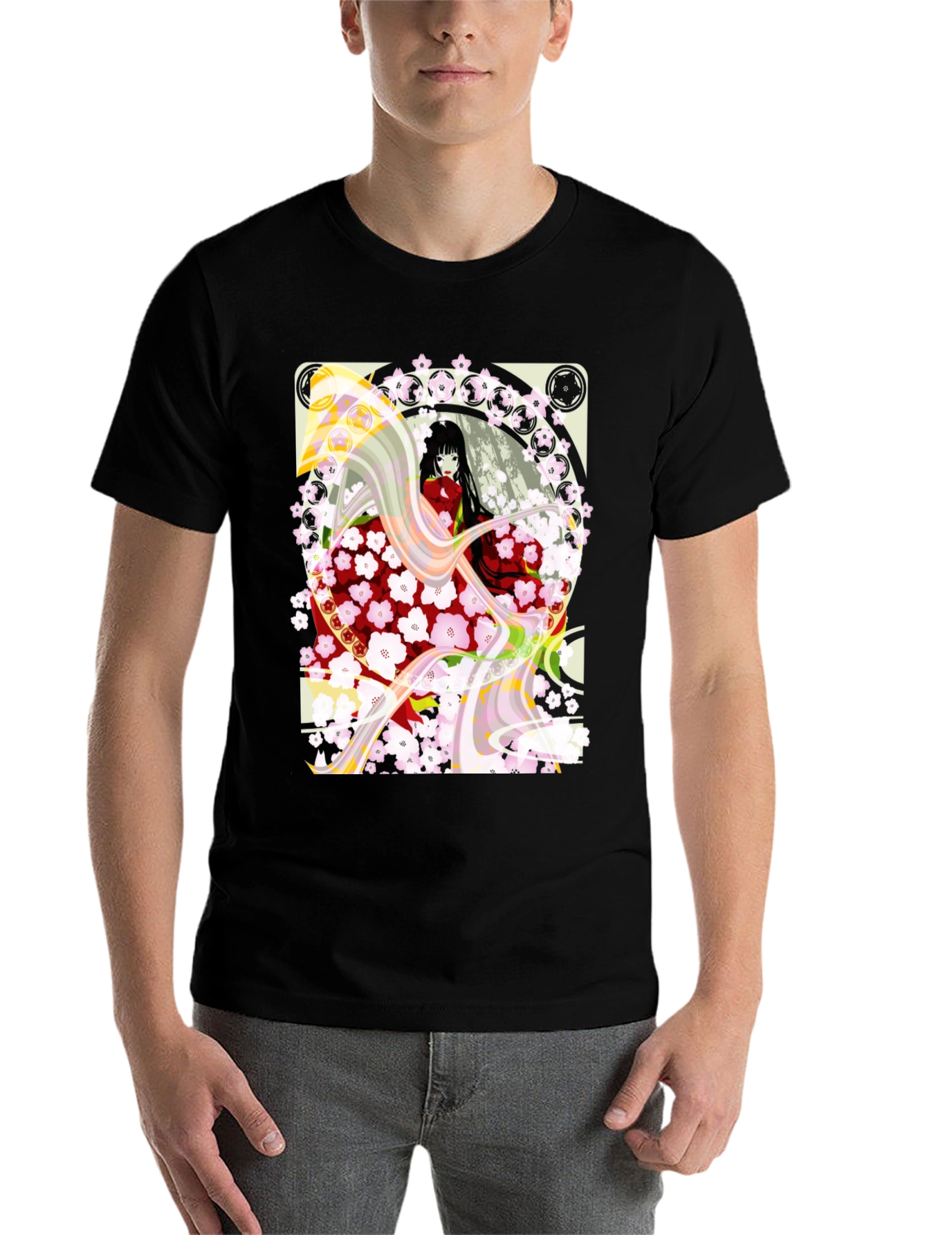 Anime Girl Cherry Blossom Black T-Shirt - 7