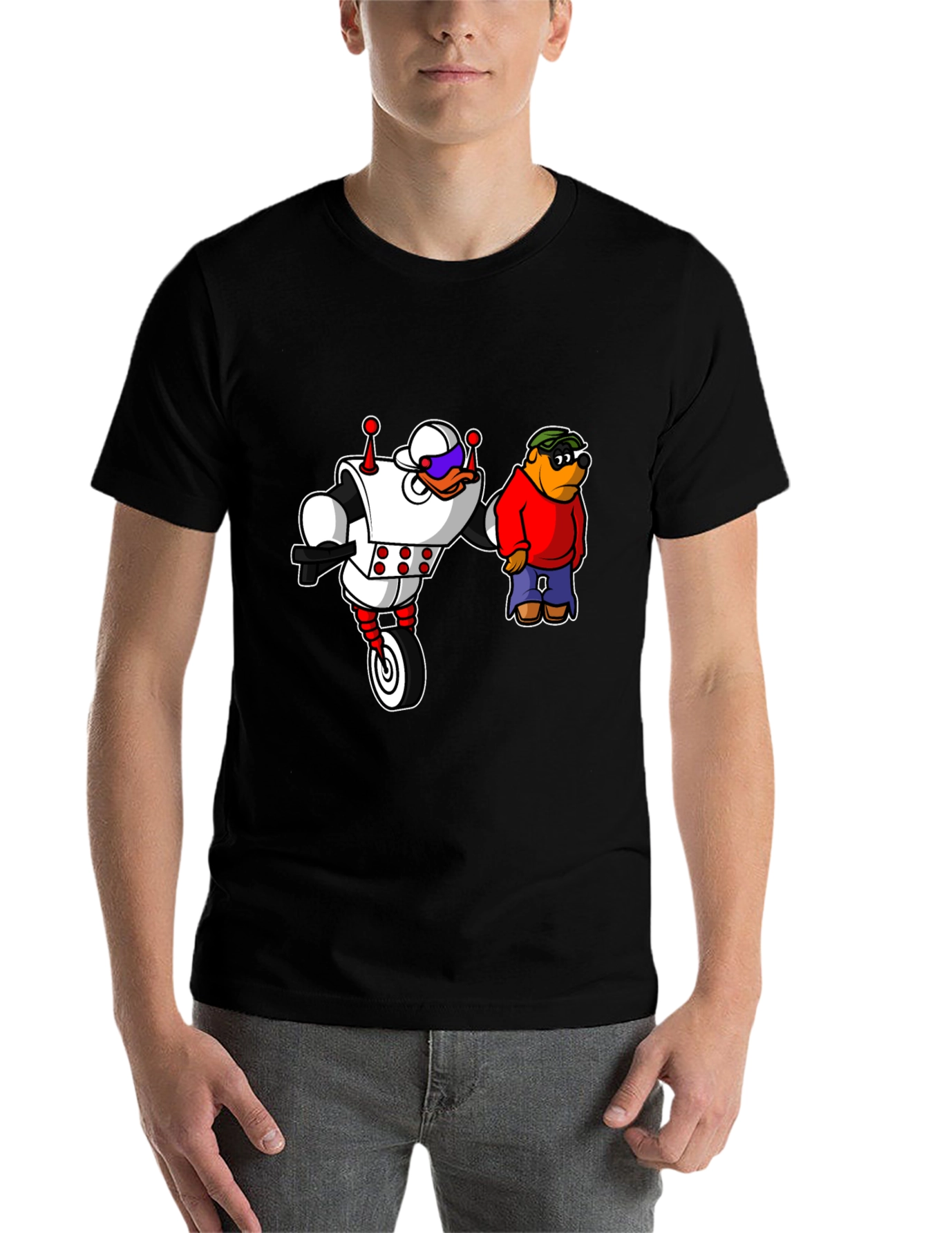 Black Robot Duck and Cartoon Bear Graphic T-Shirt view 7