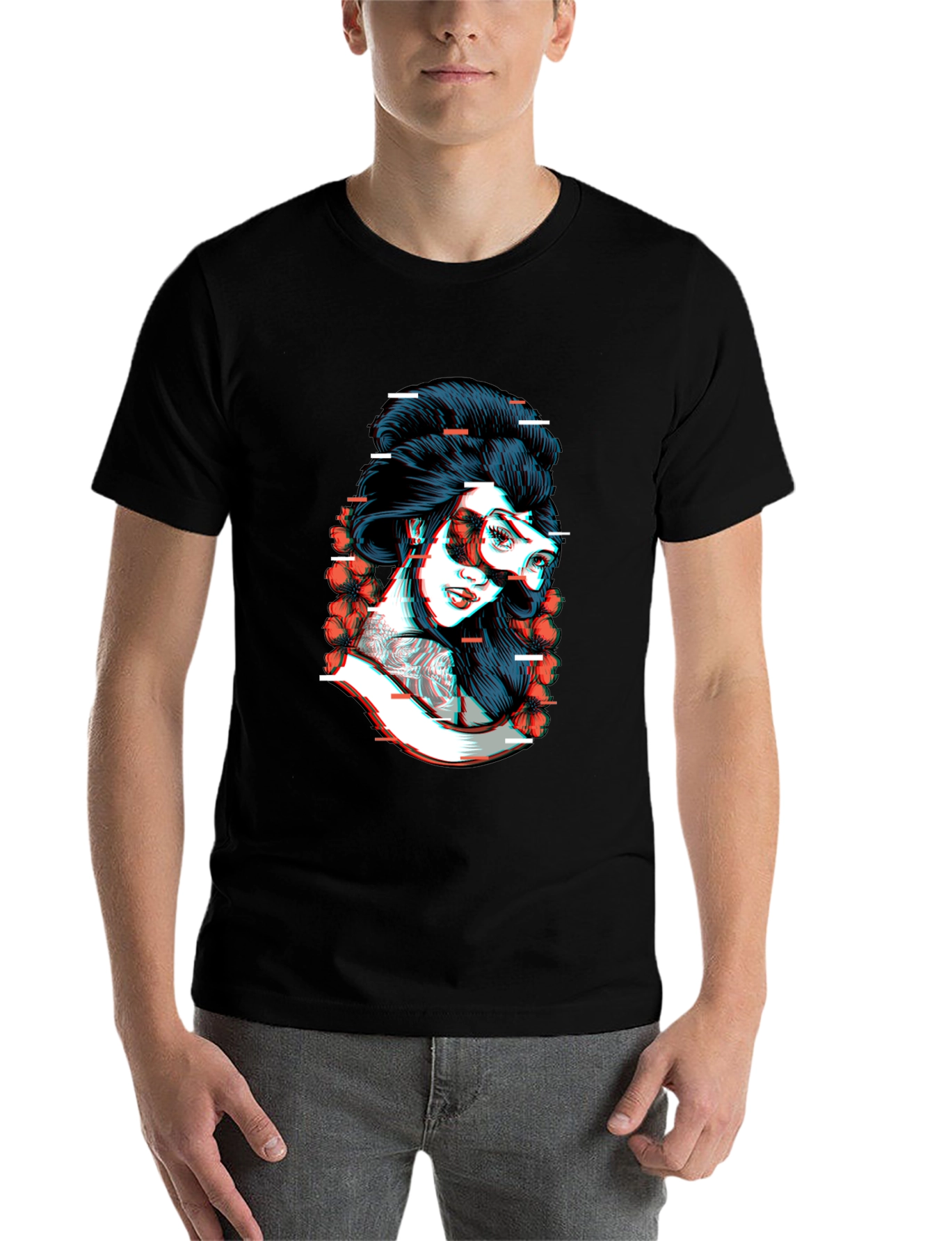 Black Glitch Geisha Graphic Tee - Black Cotton T-Shirt view 7