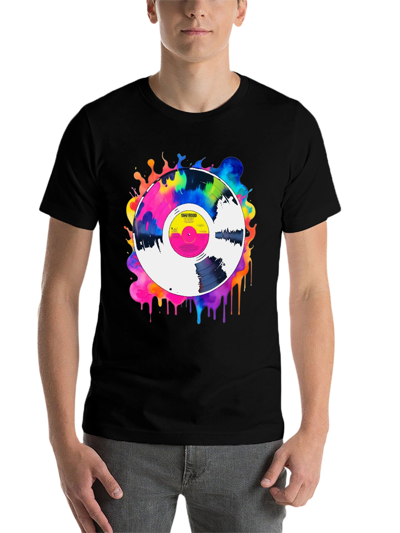 Black Colorful Vinyl Record Graphic Tee - Music Lover T-Shirt view 7