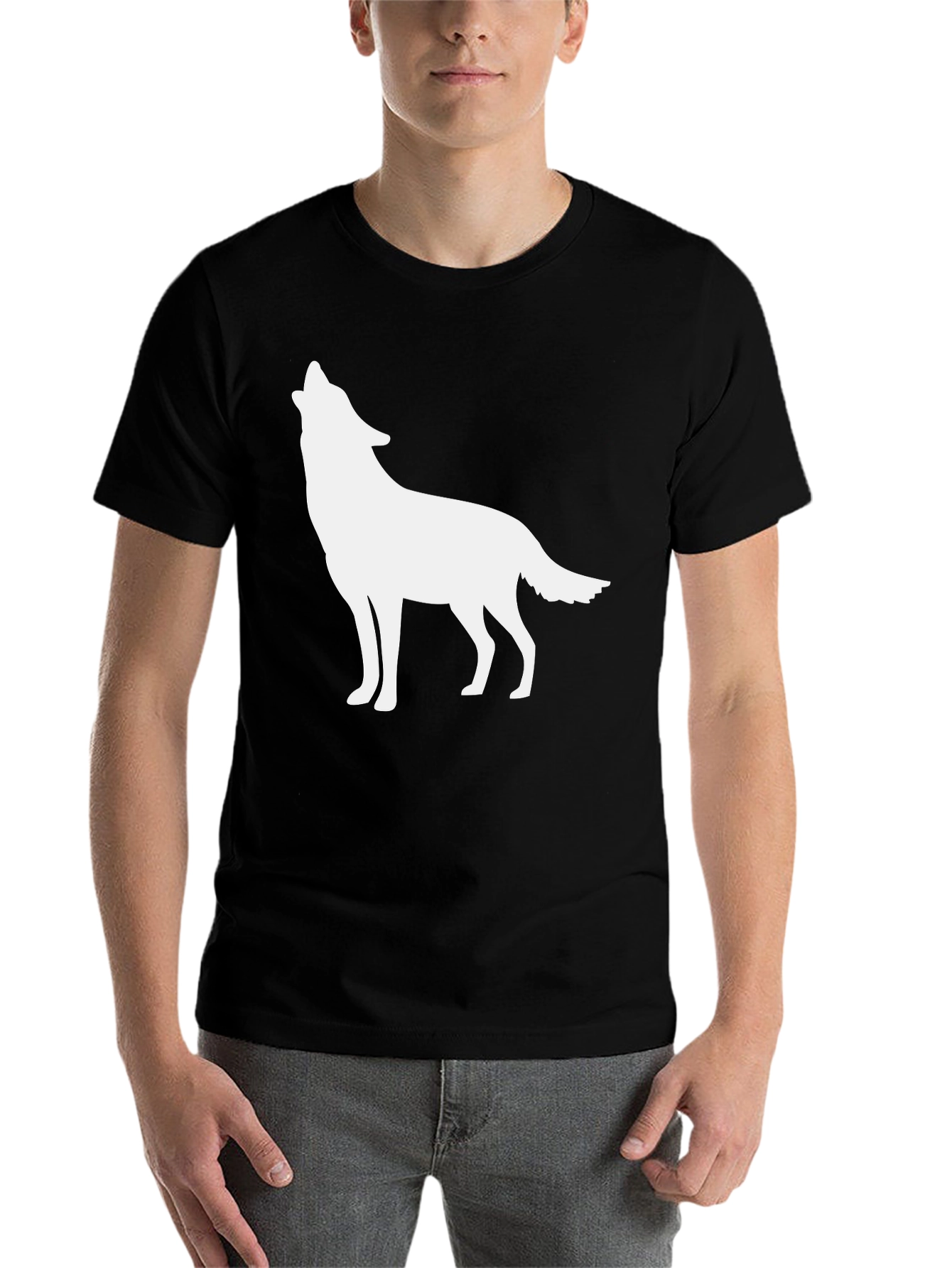 Black Men's Black T-shirt with Wolf Silhouette view 7