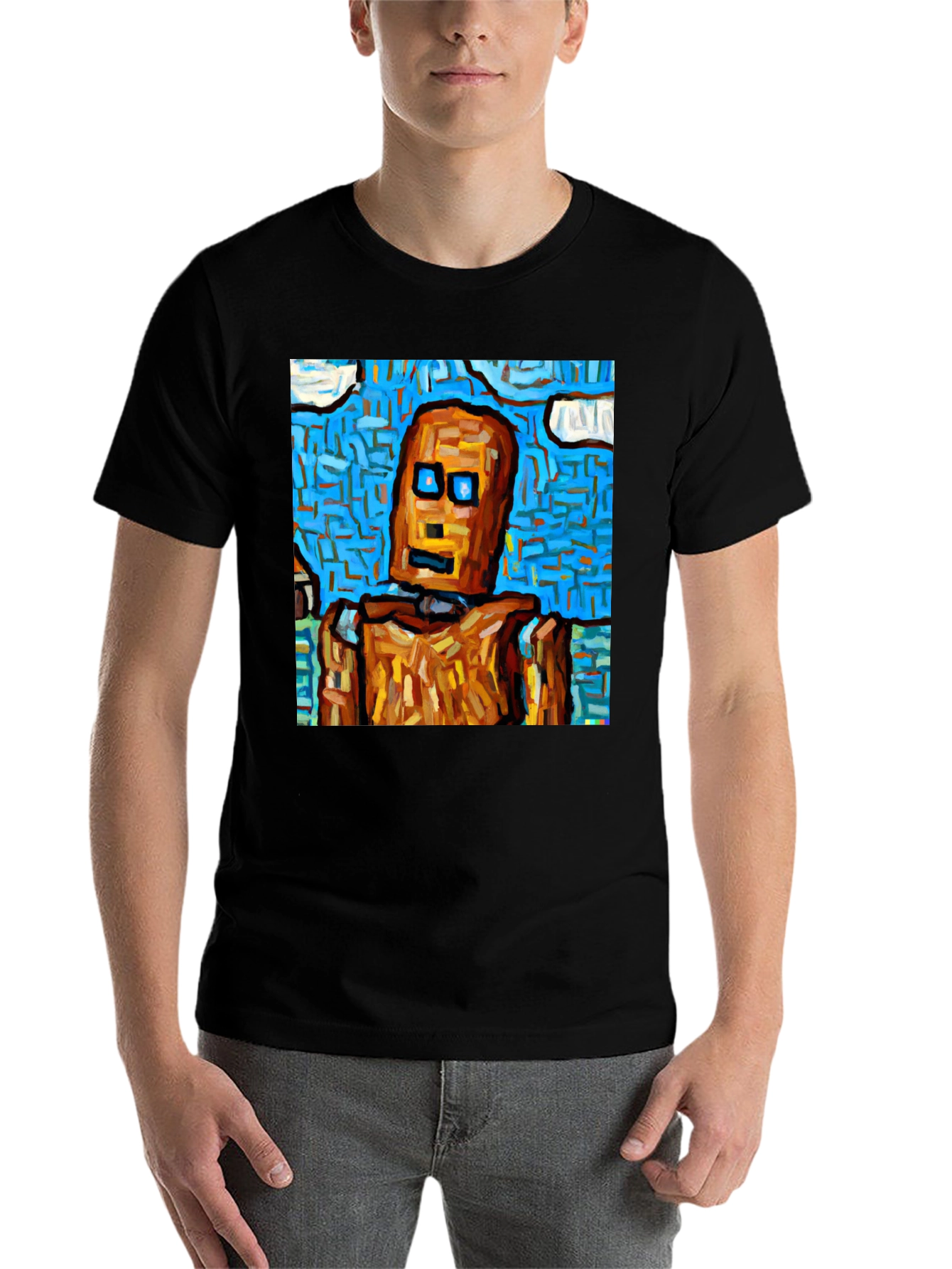 Black Abstract Robot Graphic Tee - Black Cotton T-Shirt view 7