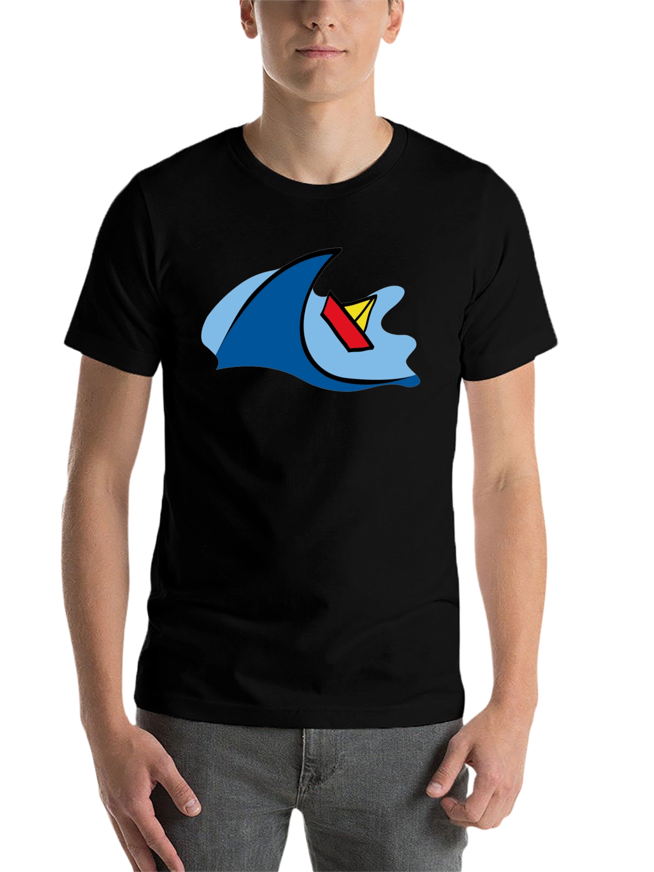 Black Cartoon Wave & Boat Black T-Shirt view 7