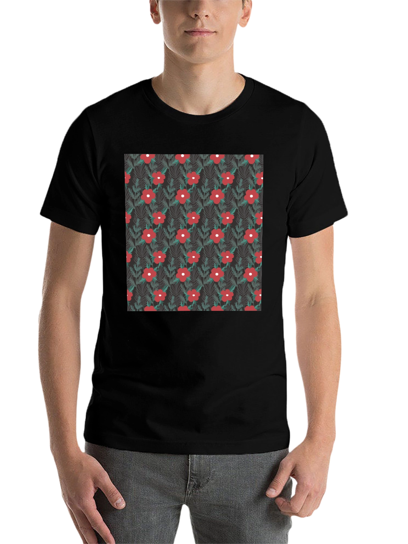 Black Floral Pattern Black T-Shirt view 7