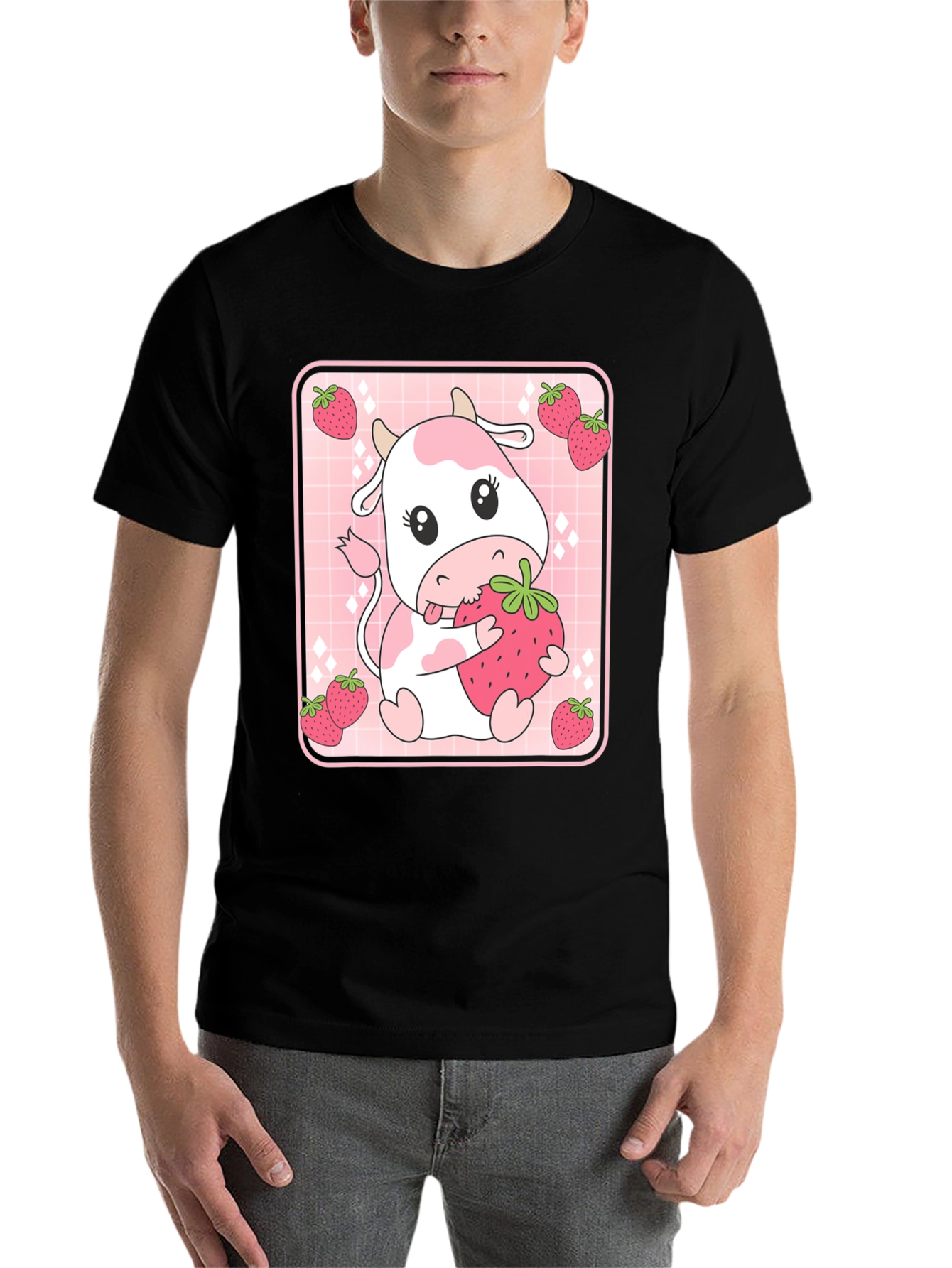 Black Strawberry Cow T-Shirt - Cute Kawaii Design view 7