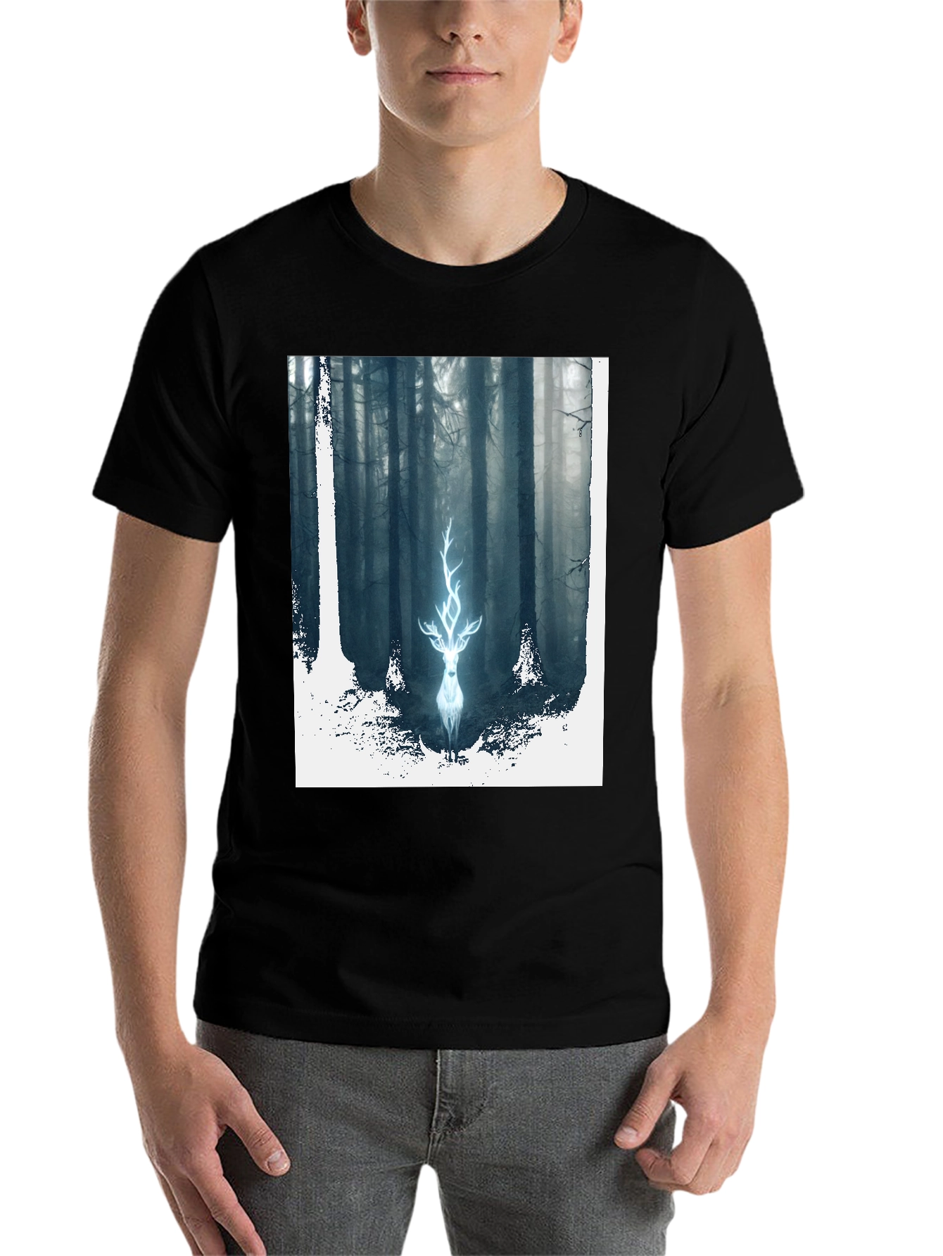 Black Mystic Forest Deer Graphic Tee - Black Cotton Blend view 7