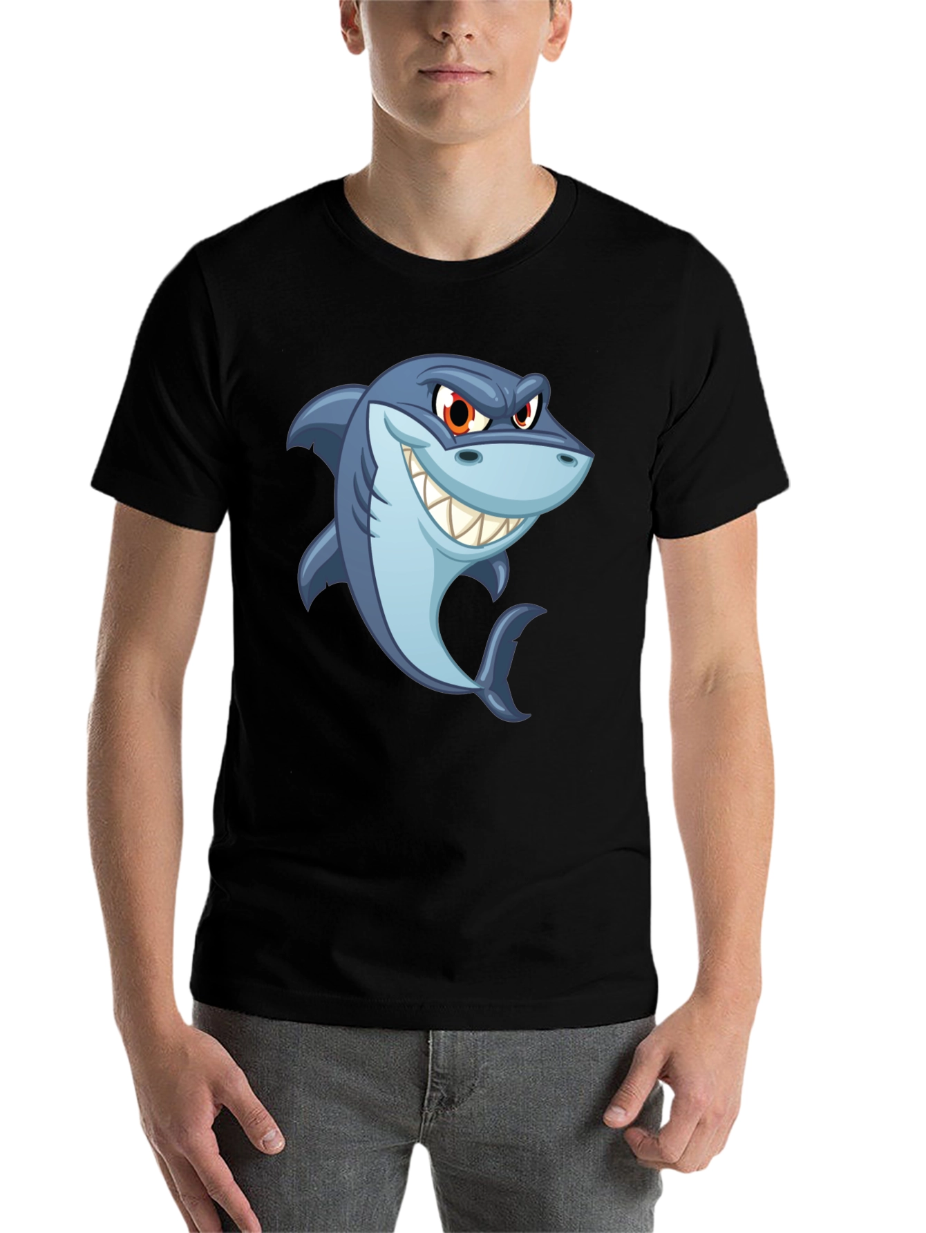 Black Men's Black Shark Cartoon Graphic T-Shirt view 7