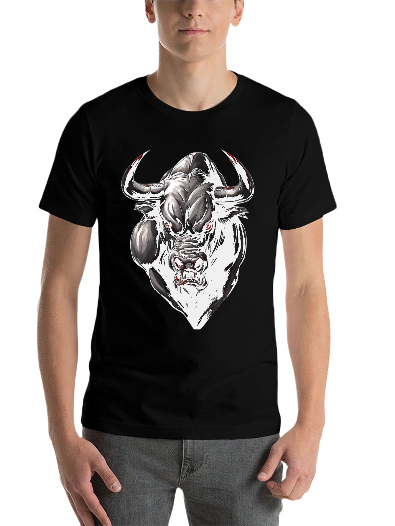 Black Men's Graphic Tee - Bull Design view 7