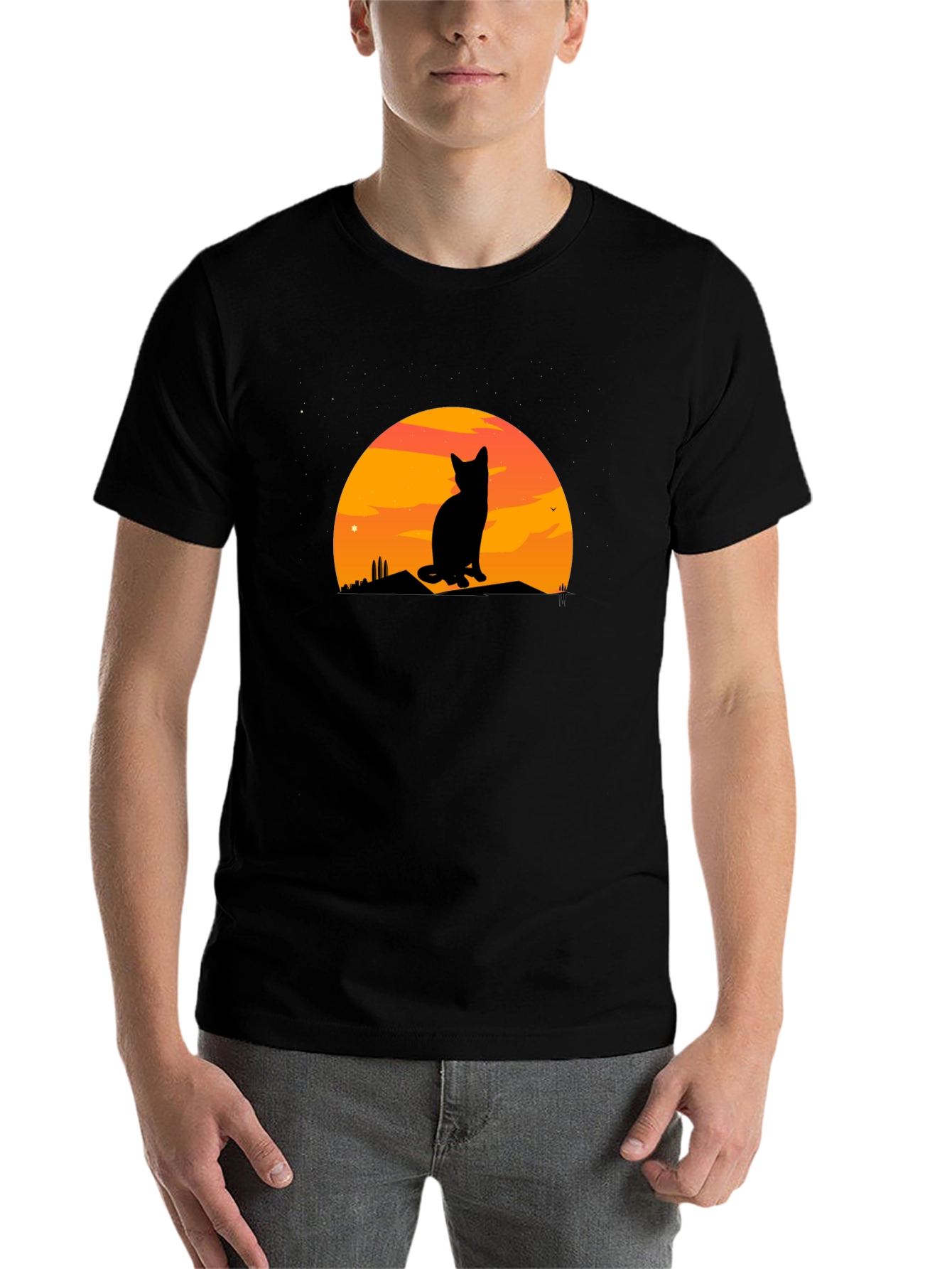 Black Sunset Cat Silhouette Graphic Tee view 7