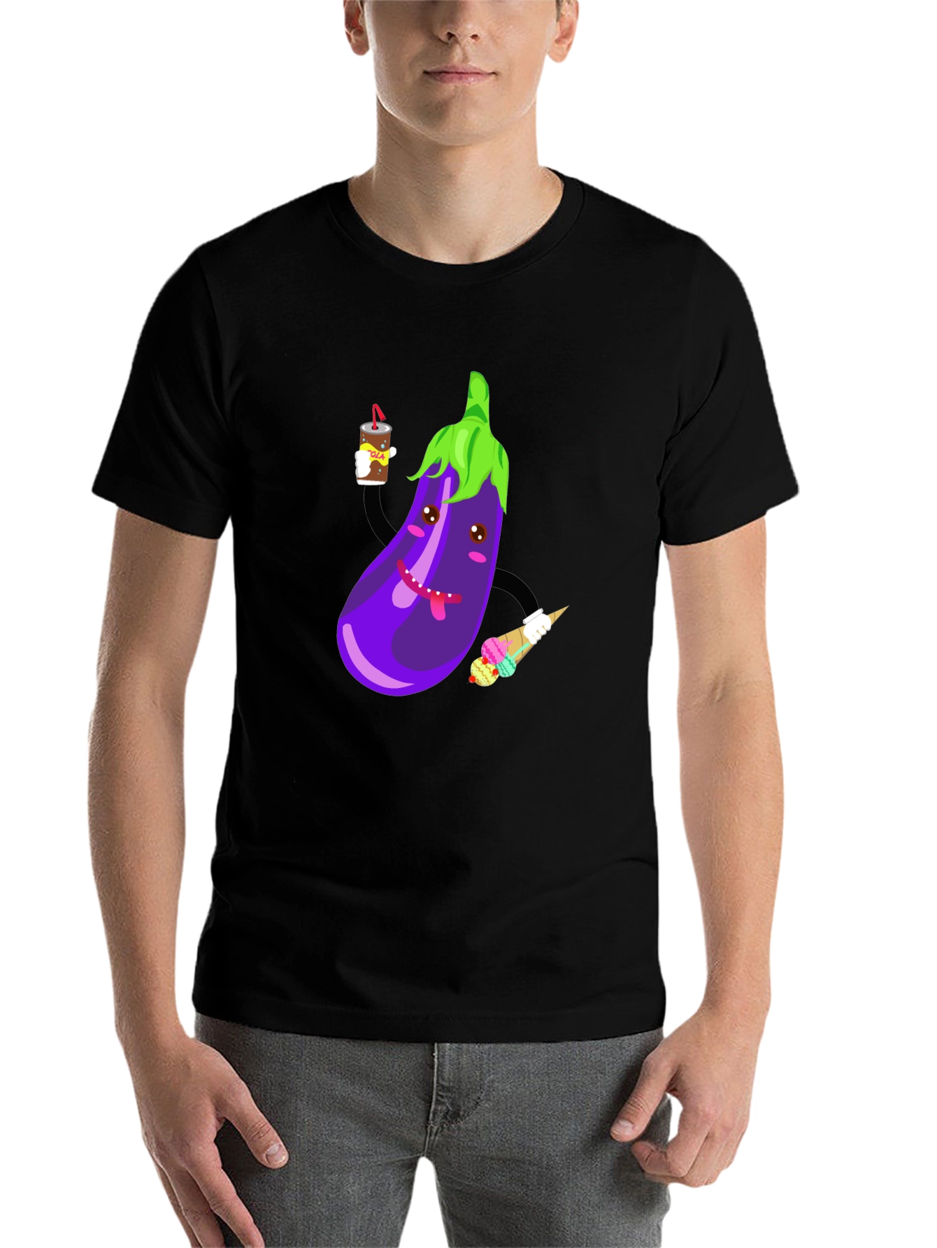 Black Eggplant Cartoon Graphic T-Shirt view 7