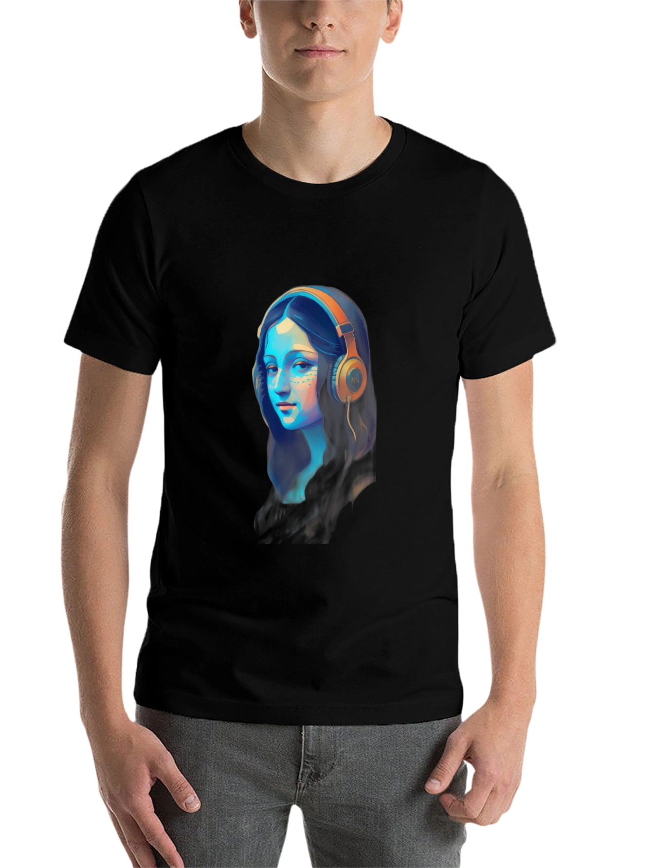 Black Mona Lisa Headphones Graphic Black T-Shirt view 7