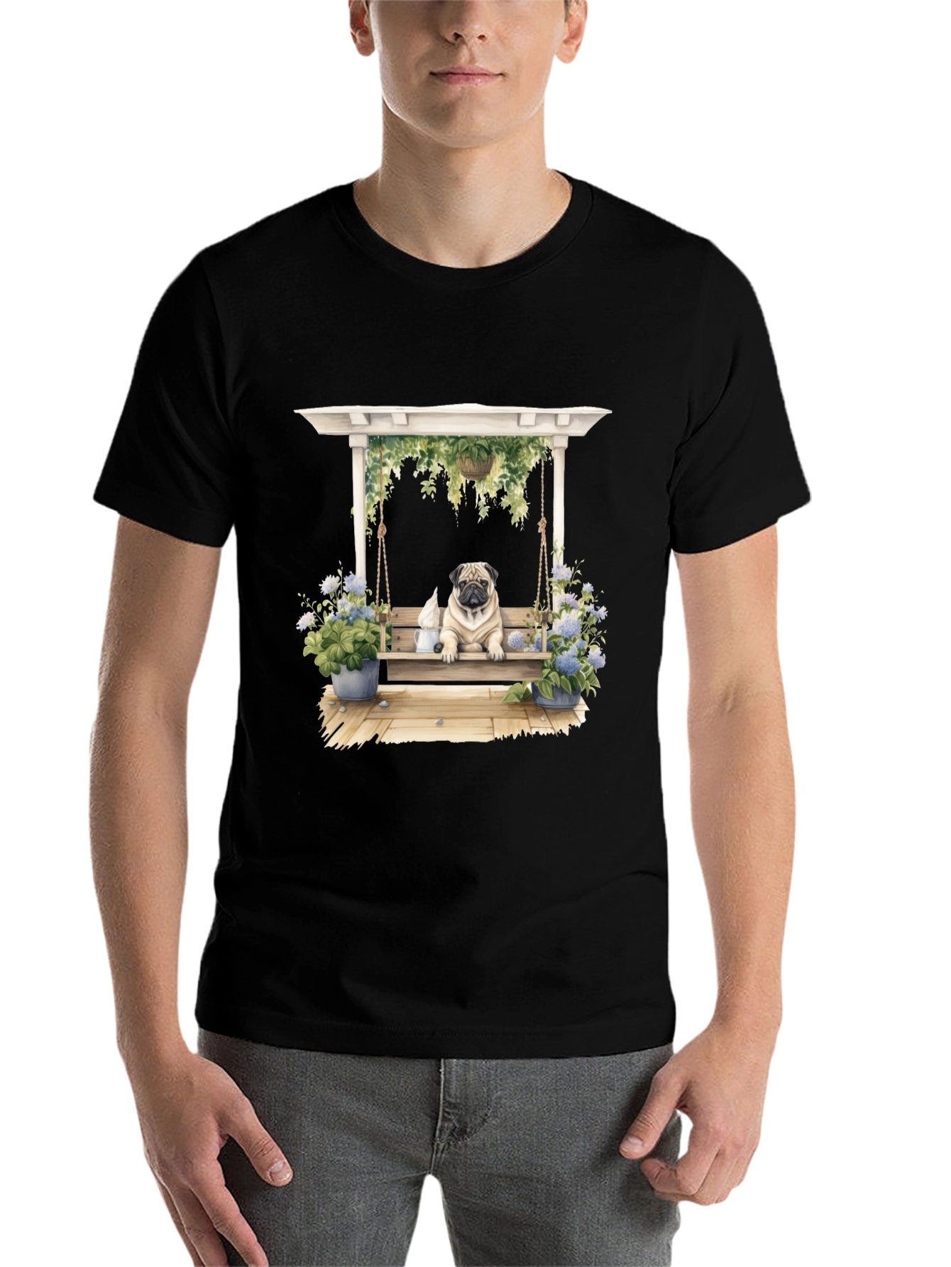 Black Pug on Swing T-Shirt - Unique Dog Lover Gift view 7