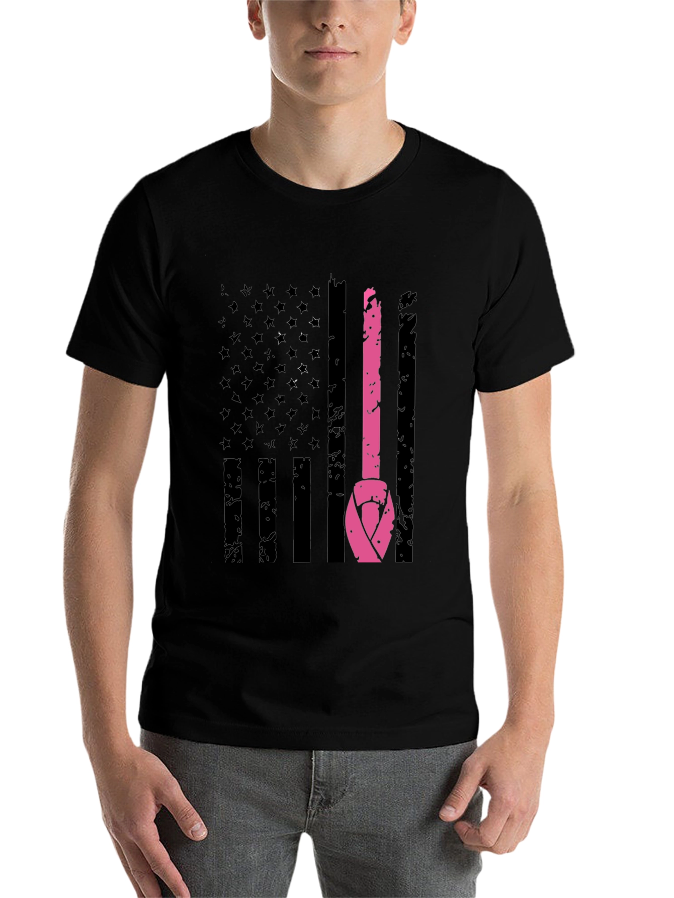 Black Breast Cancer Awareness US Flag T-Shirt view 7