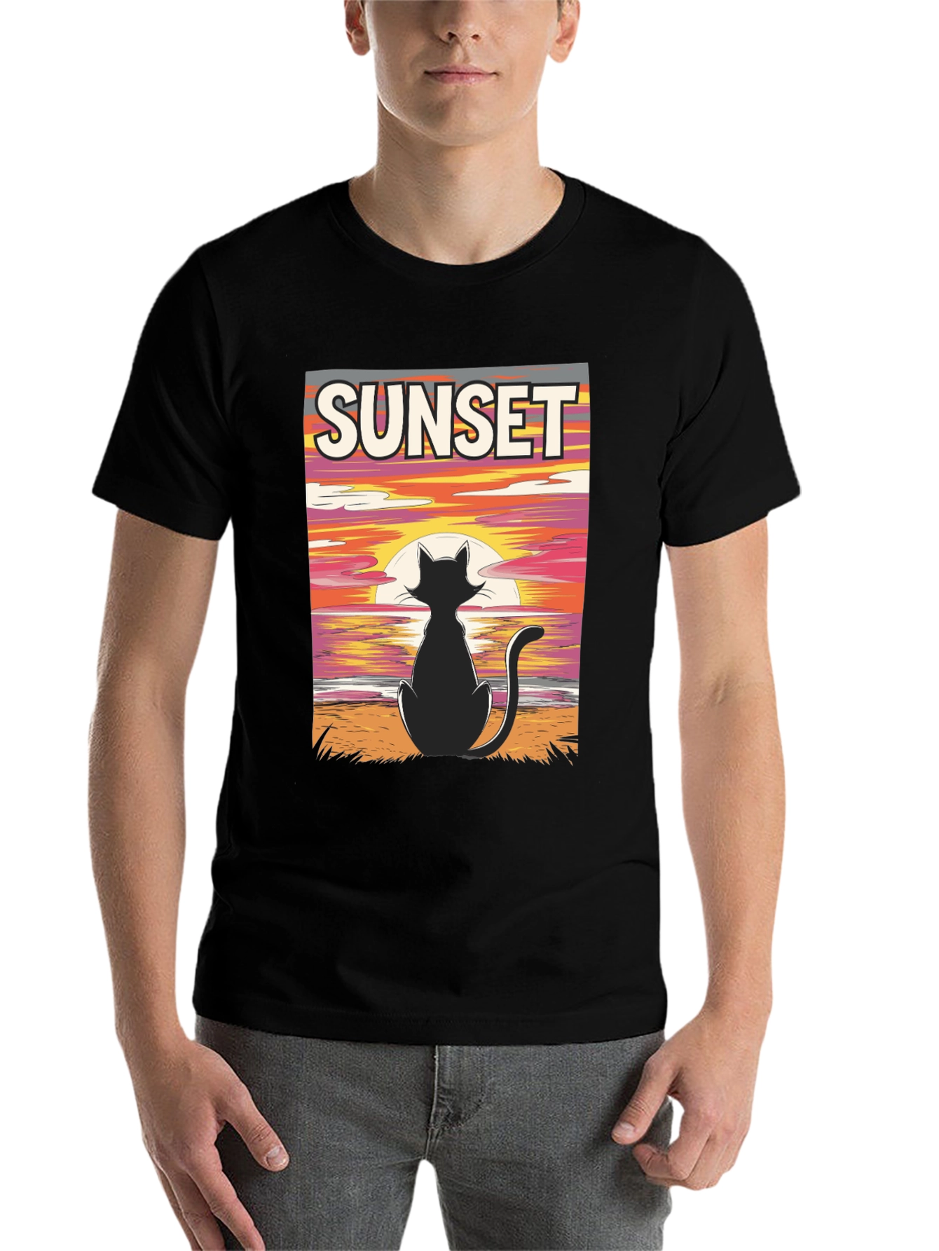 Black Sunset Cat Graphic Tee - Stylish Black T-Shirt view 7