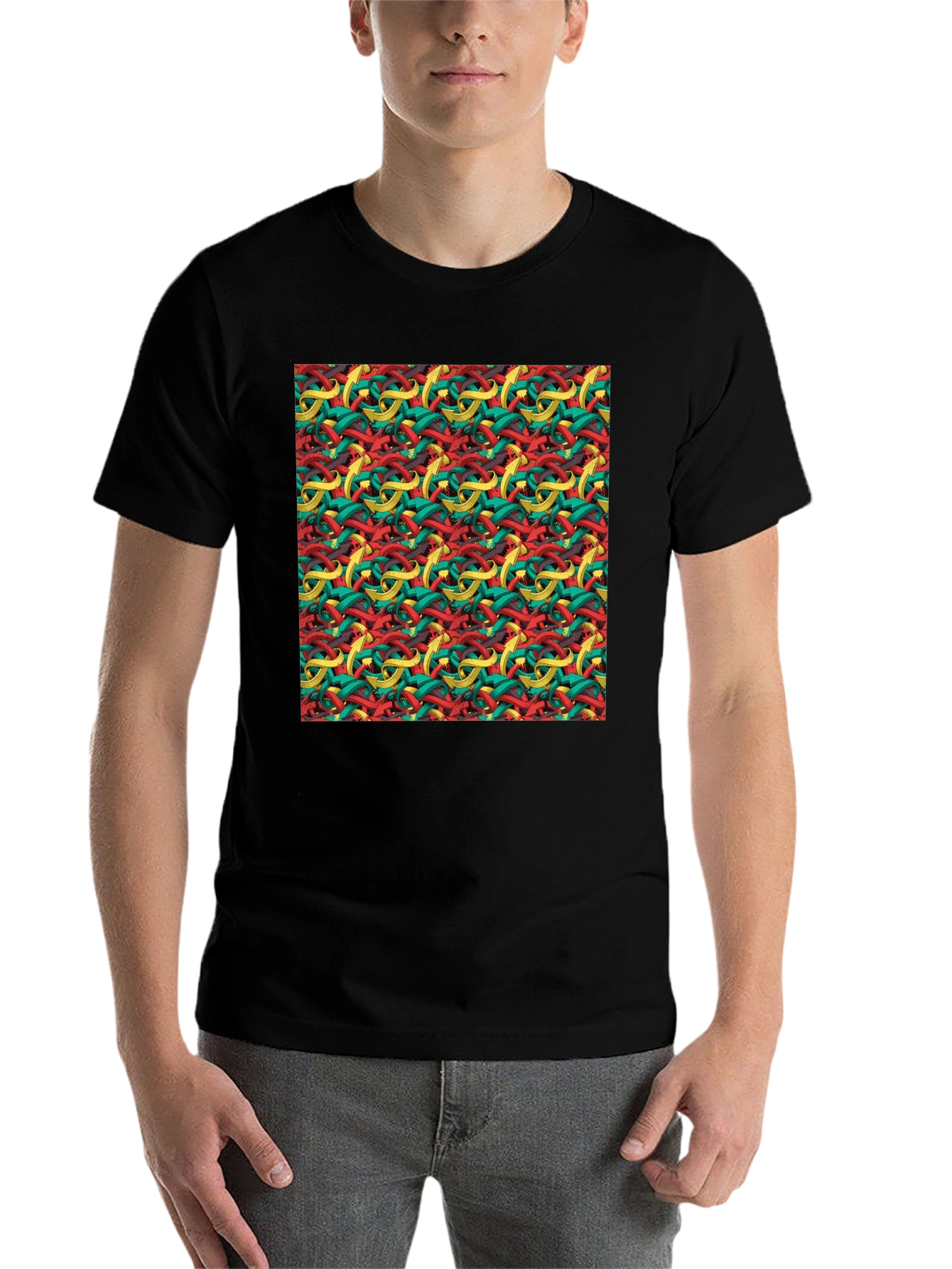 Black Abstract Ribbon Pattern Men's Black T-Shirt view 7