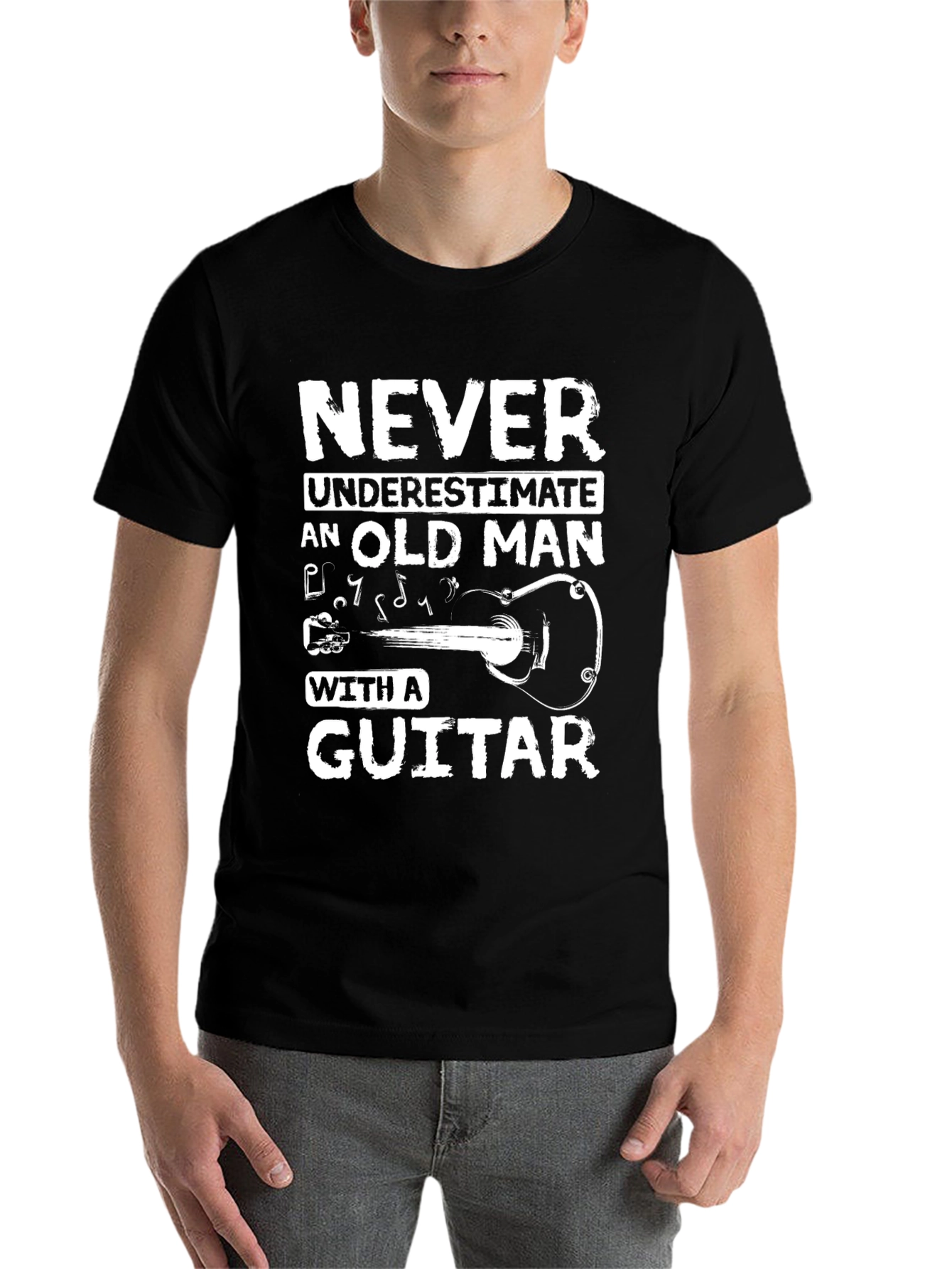 Black Never Underestimate Old Man Guitar Black T-Shirt view 7