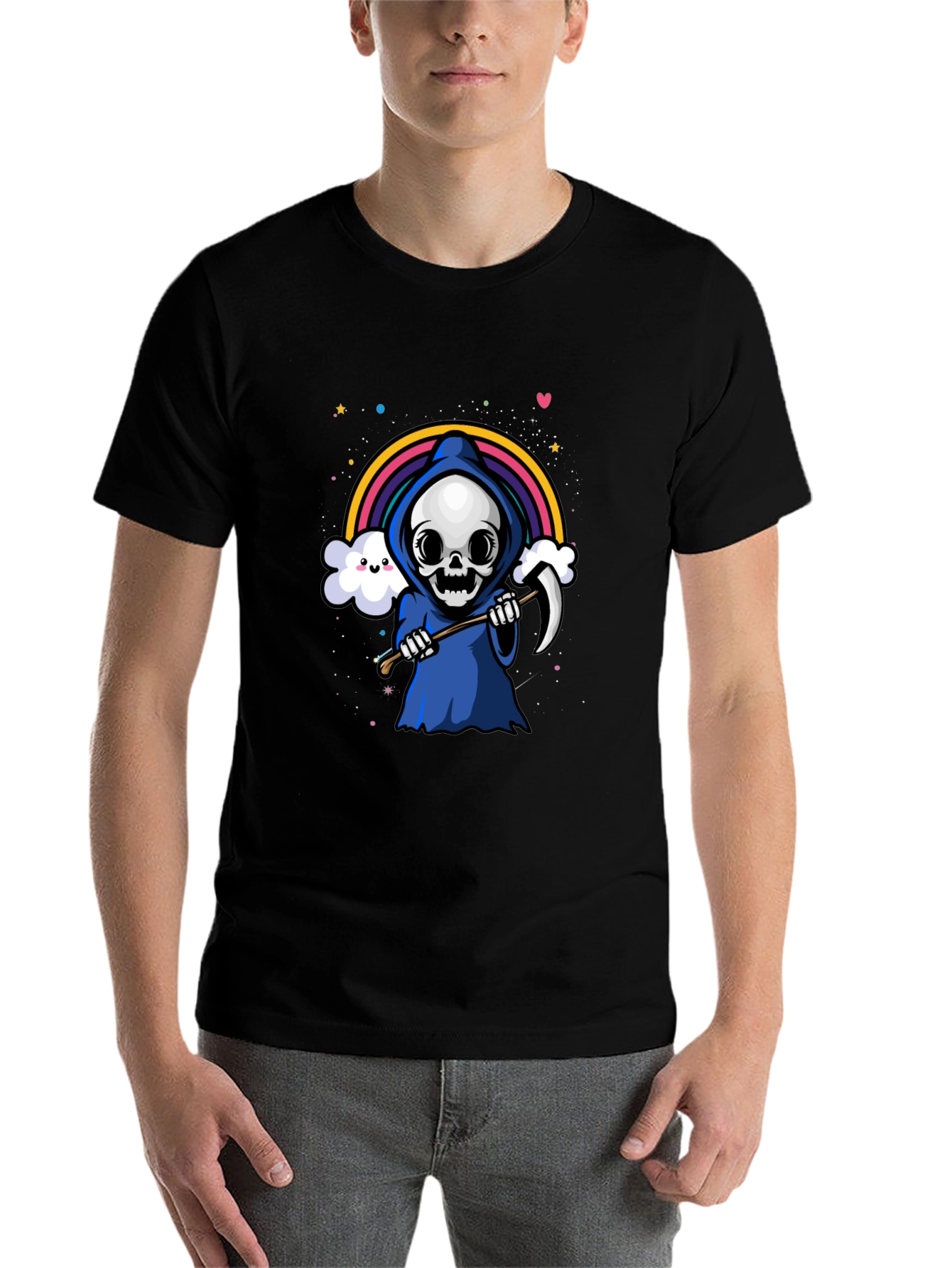 Black Kawaii Grim Reaper Rainbow T-Shirt view 7