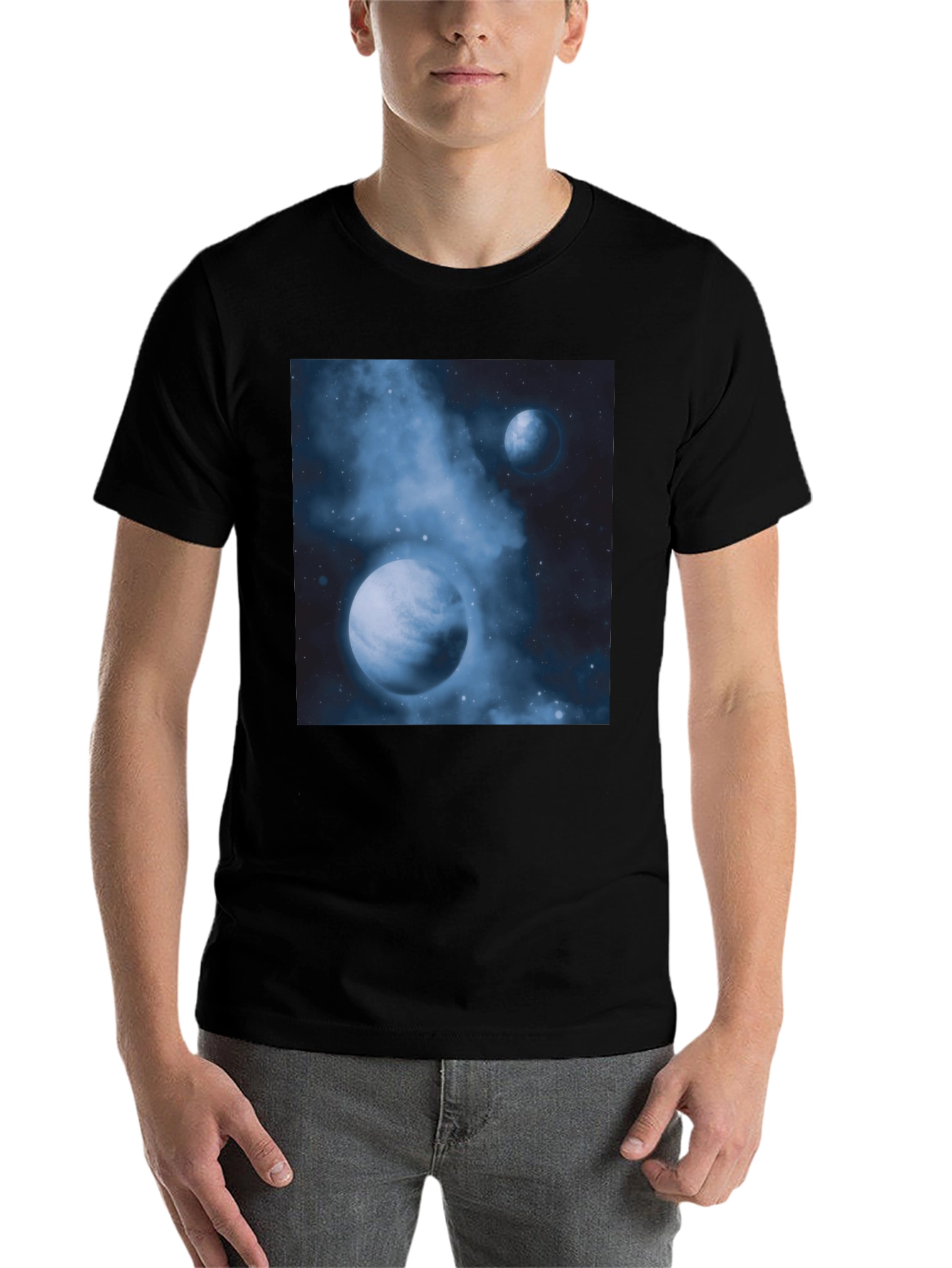 Black Nebula Planets Graphic Tee - Cosmic Black Cotton T-Shirt view 7