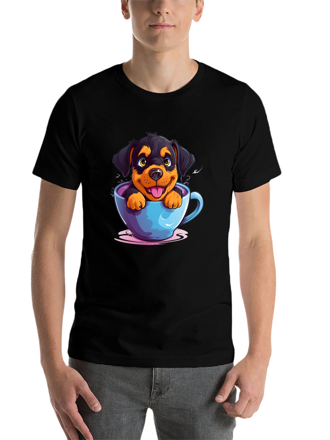 Black Cute Dog in Cup T-Shirt - Cartoon Rottweiler view 7